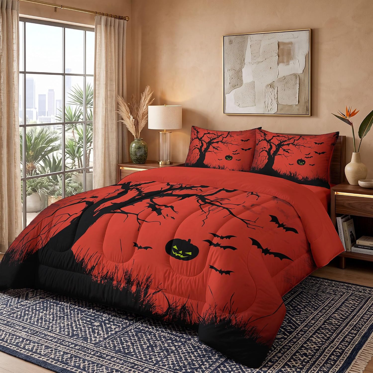 Simple Halloween Quilt Set Queen 3 Pieces, Dark Orange Quilts Bedding Set Skeleton Pumpkin Monster Bedspread Bed Cover Lightweight Spring Summer Beds Coverlet for All Season - 90"X90"