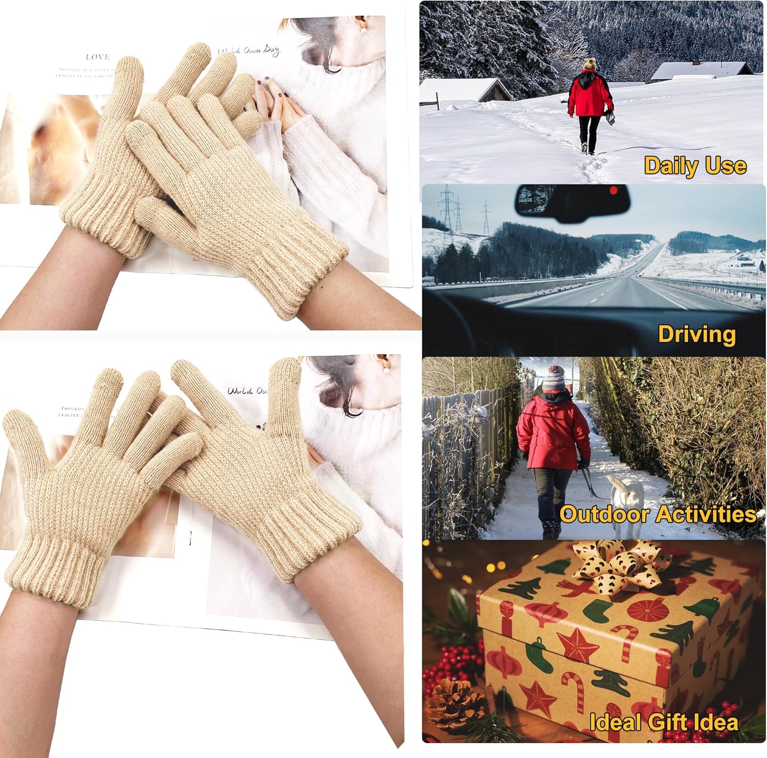 Beurlike 2 Pairs Winter Gloves for Women Wool Warm Knit Touchscreen Texting Snow Fleece Thermal Gloves for Cold Weather - Image 6