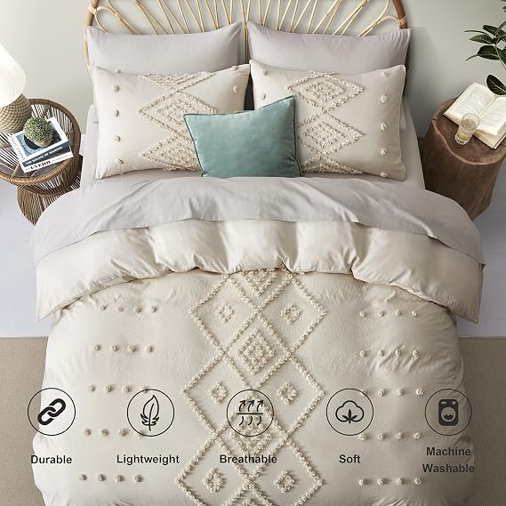 Oli Anderson Tufted Boho Twin Duvet Cover Set, Beige, 2 Pieces