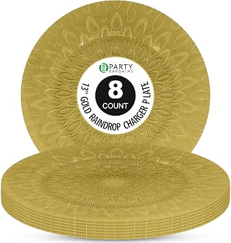 PARTY BARGAINS 13 Plastic Charger Plates, Raindrop Design, Gold Disposable Round Table Chargers for Weddings, Parties & Events, BPA-Free 8 Pack