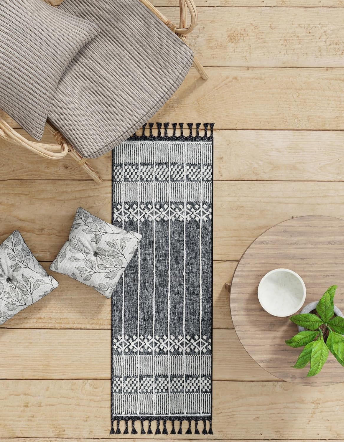 Rugs.com Washable Eco Bohemian Indoor/Outdoor Rug Collection Rug – 8 Ft Runner Charcoal Black Flatweave-Pile Rug Perfect for Hallways, Entryways