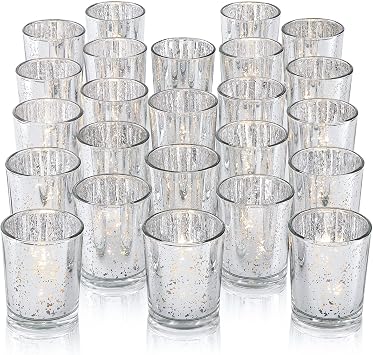 DARJEN 24Pcs Silver Votive Candle Holders for Table - Mercury Glass Votives Silver Candle Holder - Tealight Candle Holder for Wedding Centerpieces & Party Decorations