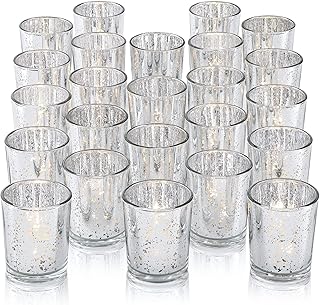 DARJEN 24Pcs Silver Votive Candle Holders for Table - Mercury Glass Votives Silver Candle Holder - Tealight Candle Holder for Wedding Centerpieces & Party Decorations