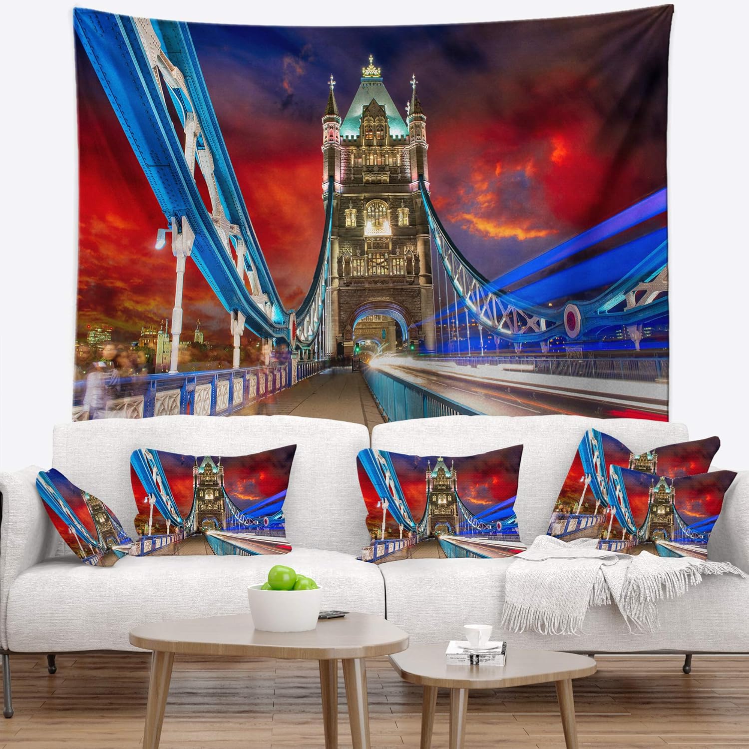 Designart ' Storm Over Tower Bridge at Night' Cityscape Photo Tapestry Blanket Décor Wall Art for Home and Office x Large: 92 in. x 78 in