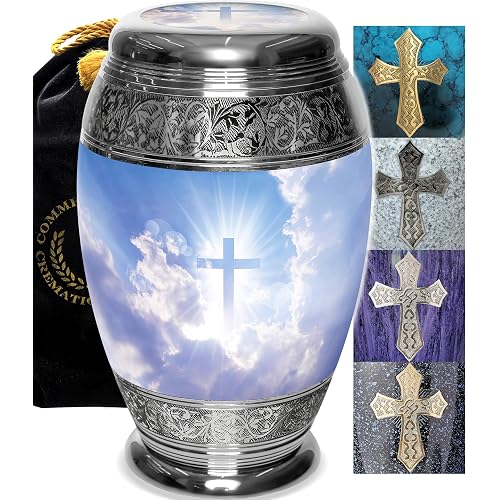 Heavenly Cross Cremation Urns for Human Ashes Adult Male & Female Urns | Medium Cremation Urns For Ashes Adult Female & Male, Cross Urn, Brass, Hand Engraved, Threaded Lid, Felt Bottom