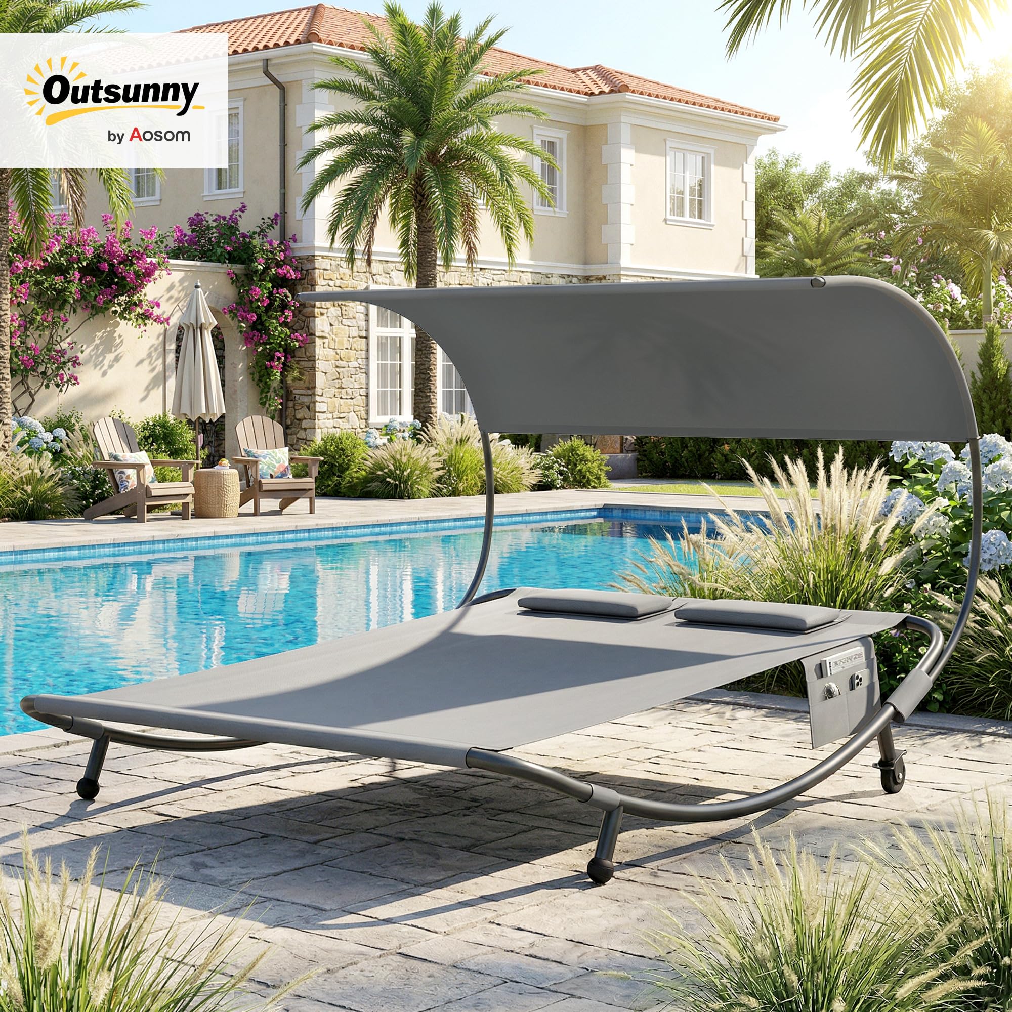 Outsunny Tumbona doble de jardín con techo extraíble, tumbona de jardín de 2 plazas de textil con ruedas, 2 cojines, bolsillos, estructura de acero, para terraza y piscina, máx. 240 kg, gris