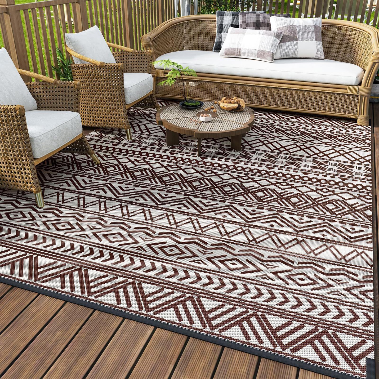 HGTRH Outdoor Rug Waterproof and Sunproof, Indoor Outdoor Patio Rugs, Non Slip Outdoor Carpet with Silicone Particles Bottom, Wasable Outside Rug for Patio, Yard, Garden, Easy Cleaning