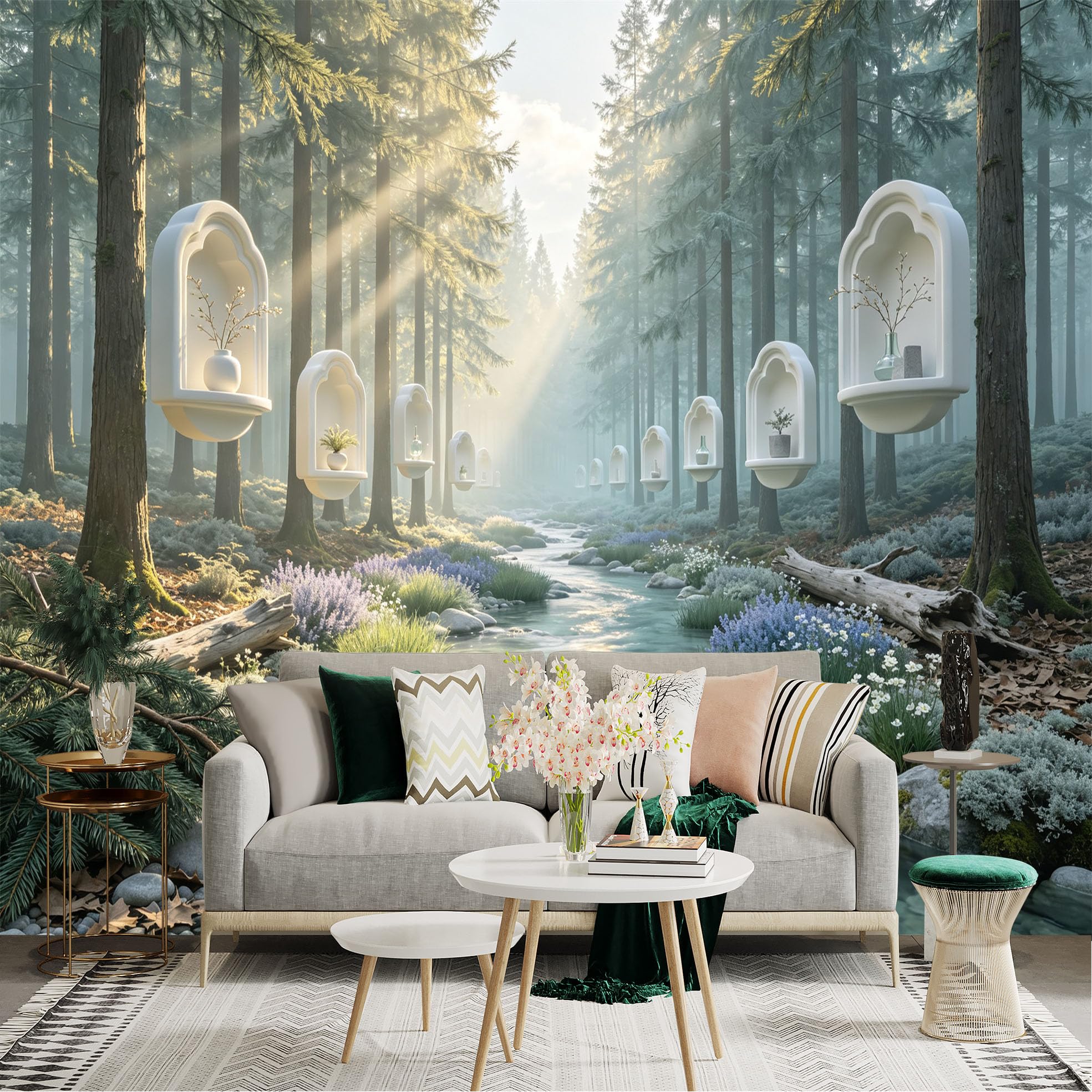 Lnzczhyre Bh260719229 Custom Size Wall Sticker Mural， Ethereal Forest With Floating Arch Niches， Serene River Scenery， Sunbeams And Wildflowers， For Wall Decoration， Peelandstick Wall Decals.