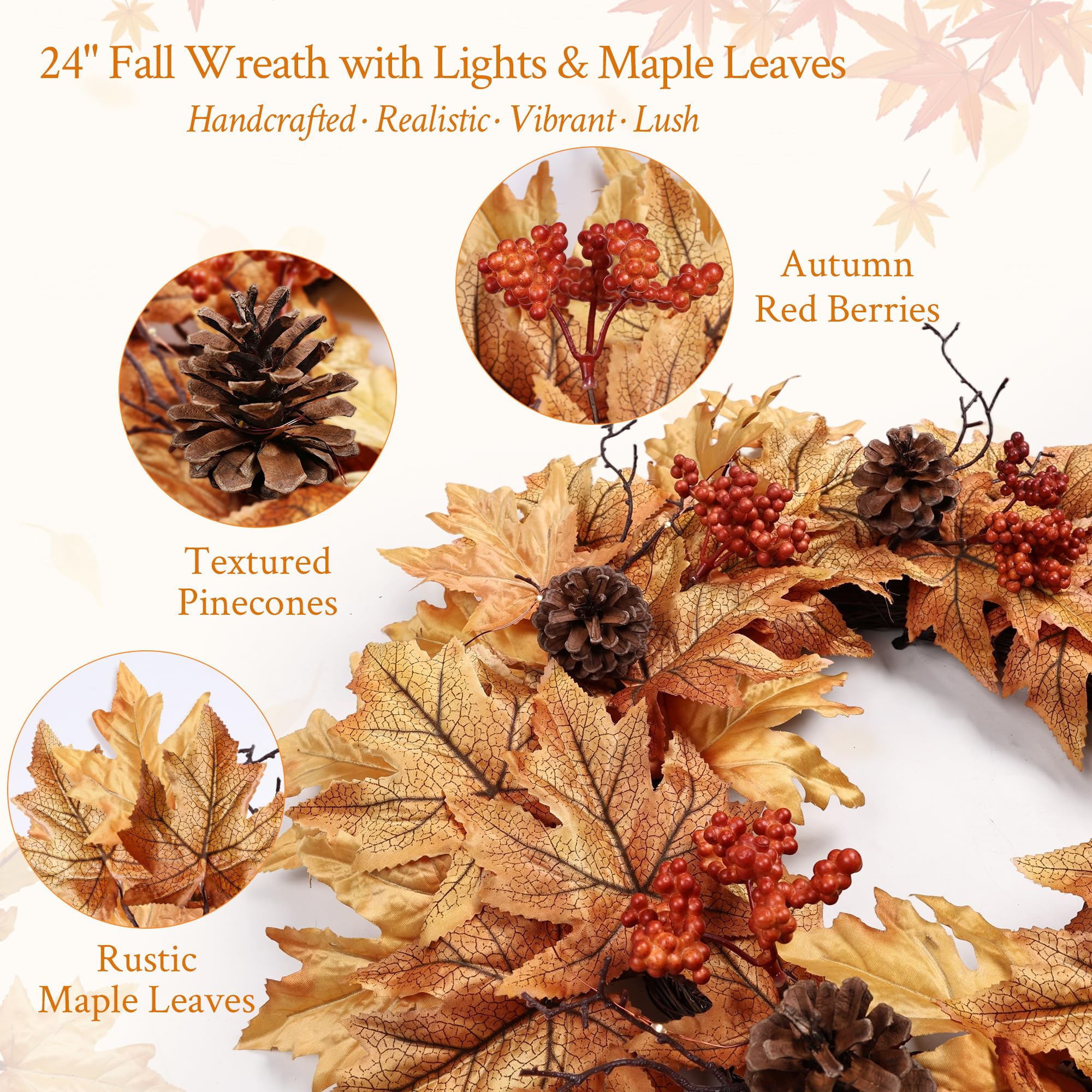 Couronne d'automne pré-éclairée de 61 cm pour porte d'entrée avec