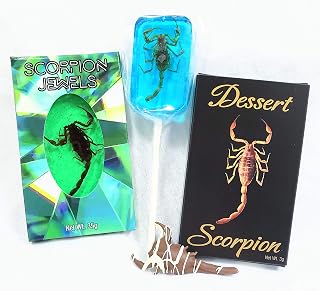 Edible Scorpion Candy Bundle - Pack of 3-1 Chocolate Covered, 1 Candy Jewel, 1 Sucker (Assorted Flavors) - With Licensed Sticker