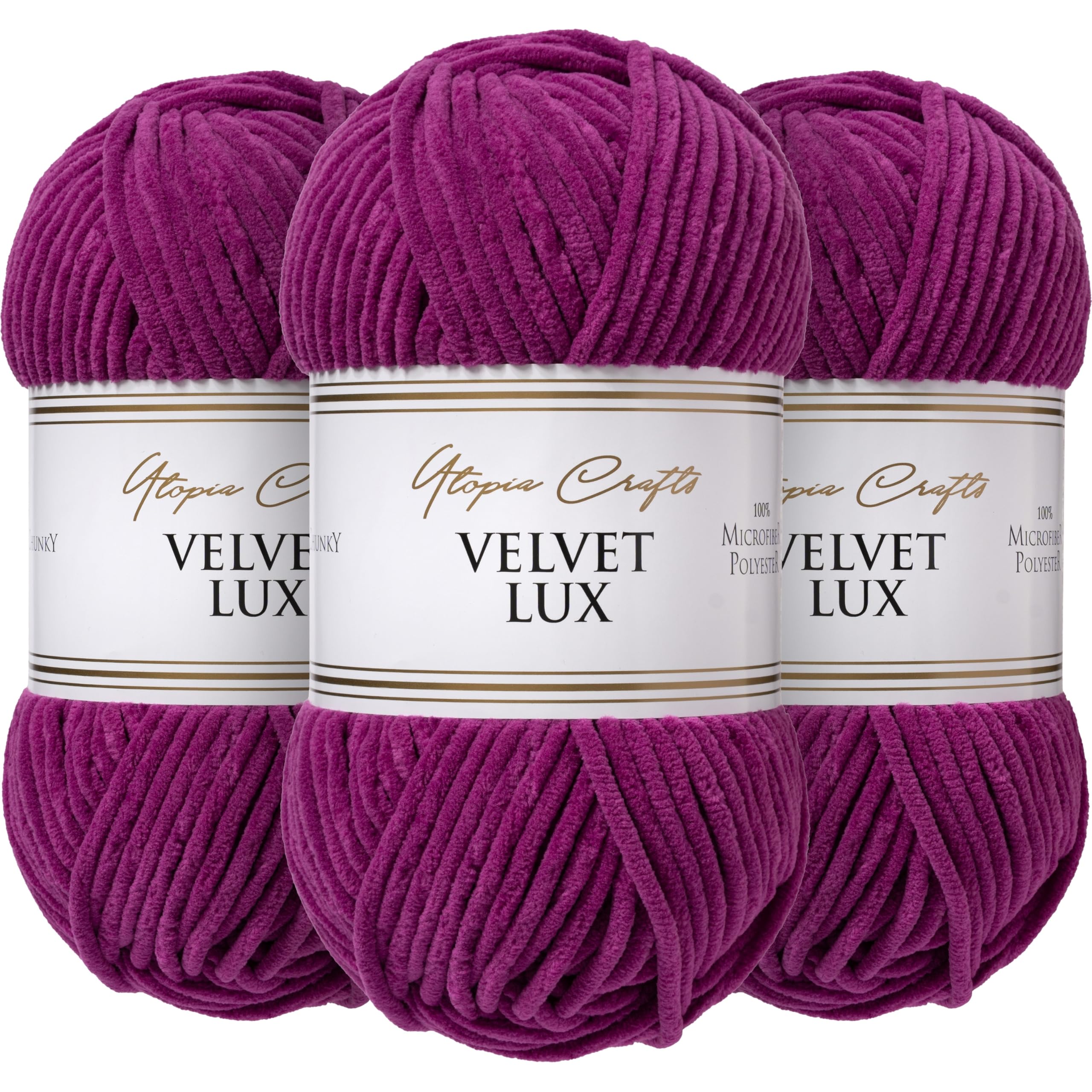 Utopia Crafts Velvet Lux Chenille Super Soft Chunky Yarn for Knitting and Crochet 3X 100g (Berry Magenta)