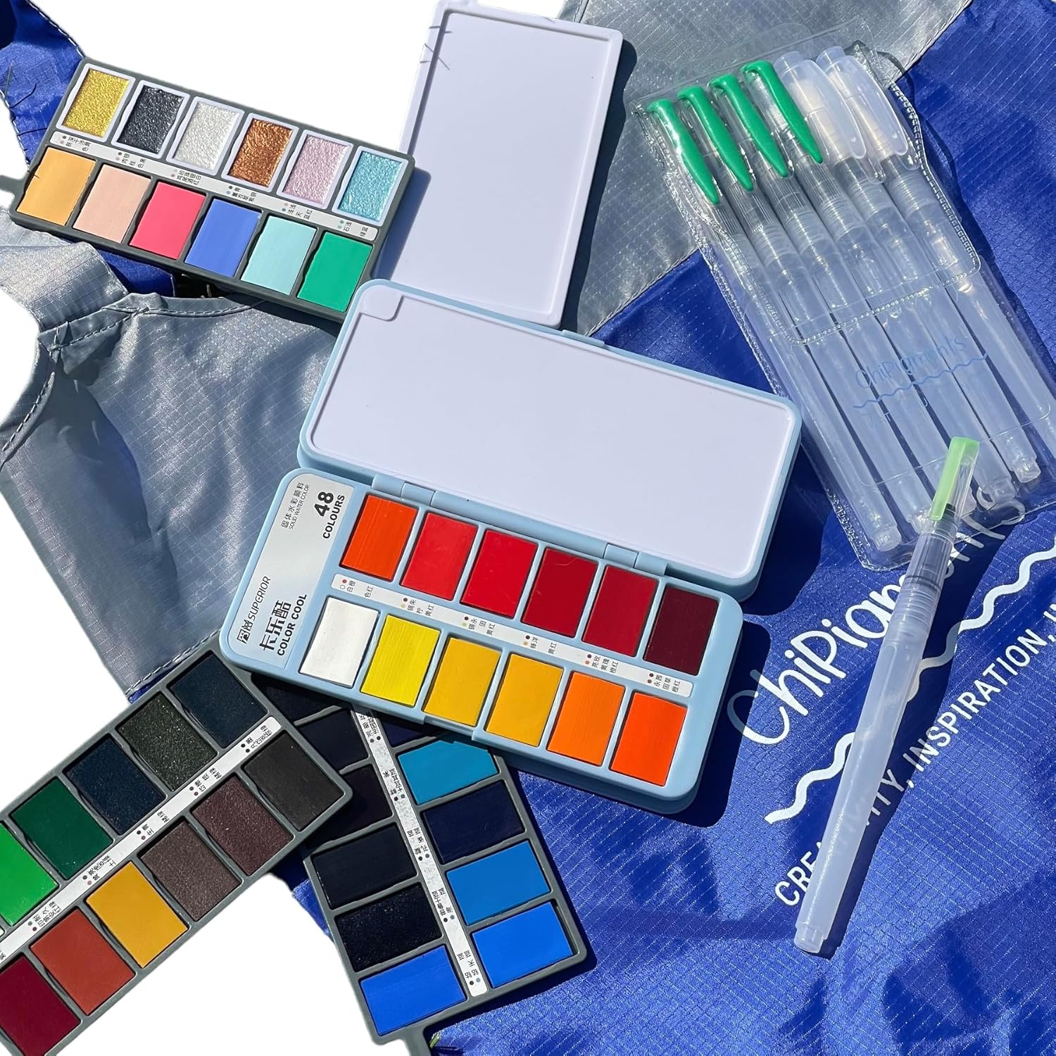 ChiPigments® Set of 48 Watercolor Paints – Pocket Travel Kit with 7 Water Brushes & Bonus Foldable Tote Backpack for Vibrant On-the-Go Art