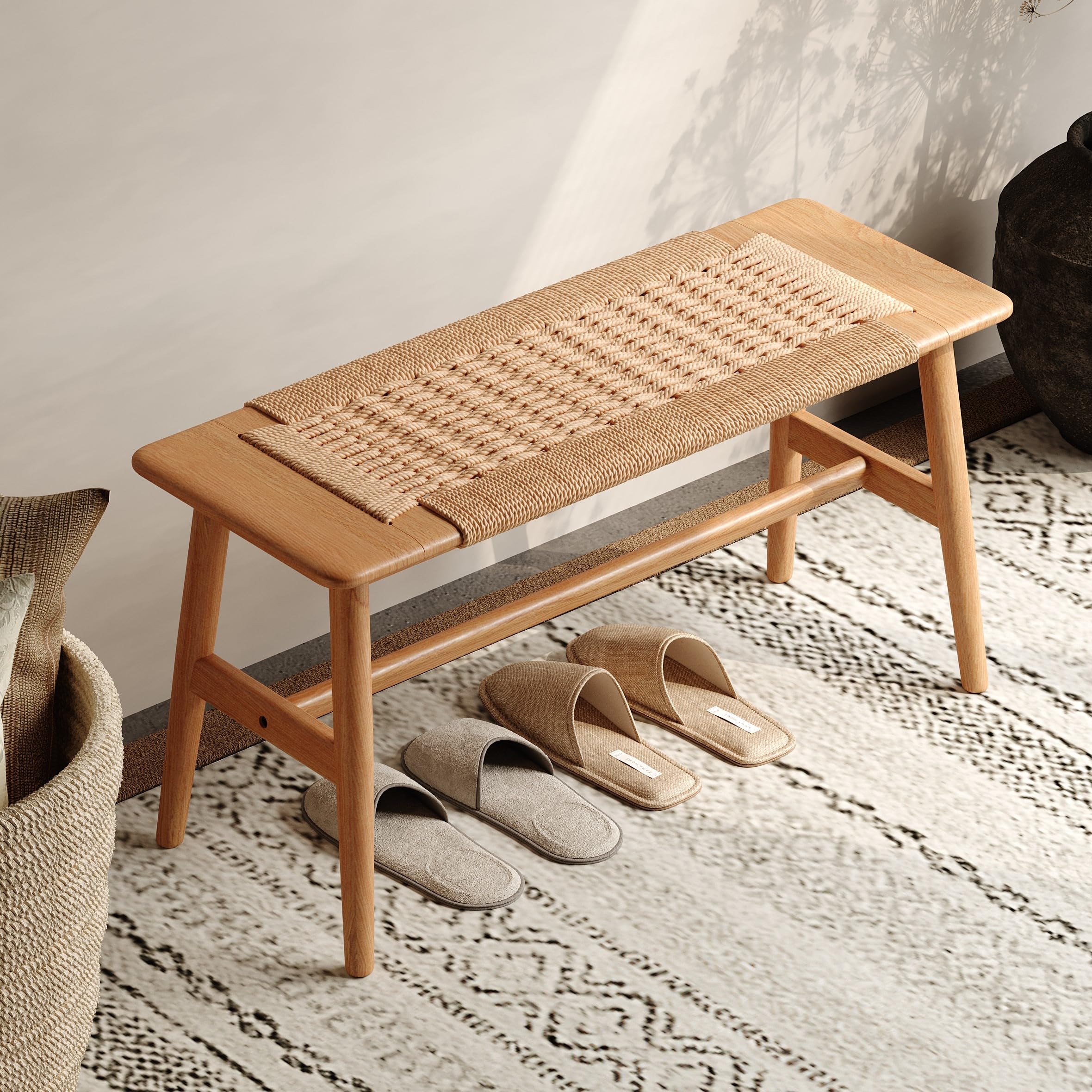 100% Solid Oak Wood Bench,Hand Woven Design,Solid Mortise and Tenon Construction-Solid Structure of Chair Legs,Woven Rattan Entryway Benchs/Dining Bench (Natural Oak,31.49”*11.81”*15.98”)