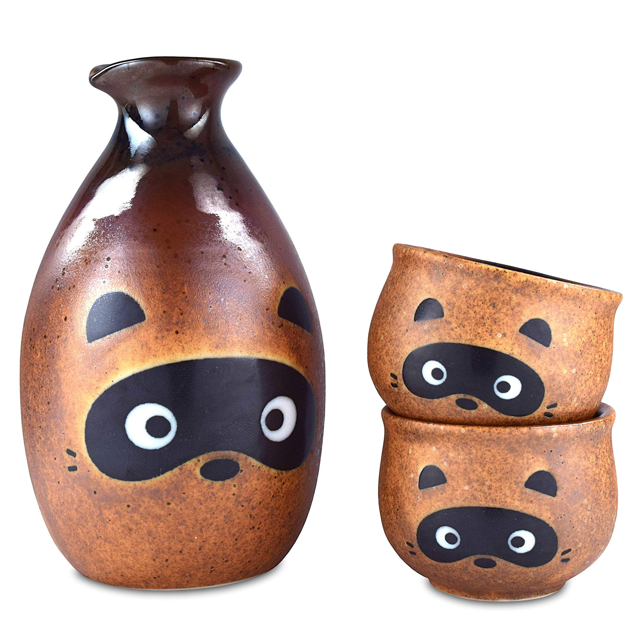 Mino Ware Traditional Japanese Sake Set, Tokkuri Bottle and 2 Ochoko Cups, Tanuki Japanese Racoon Dog