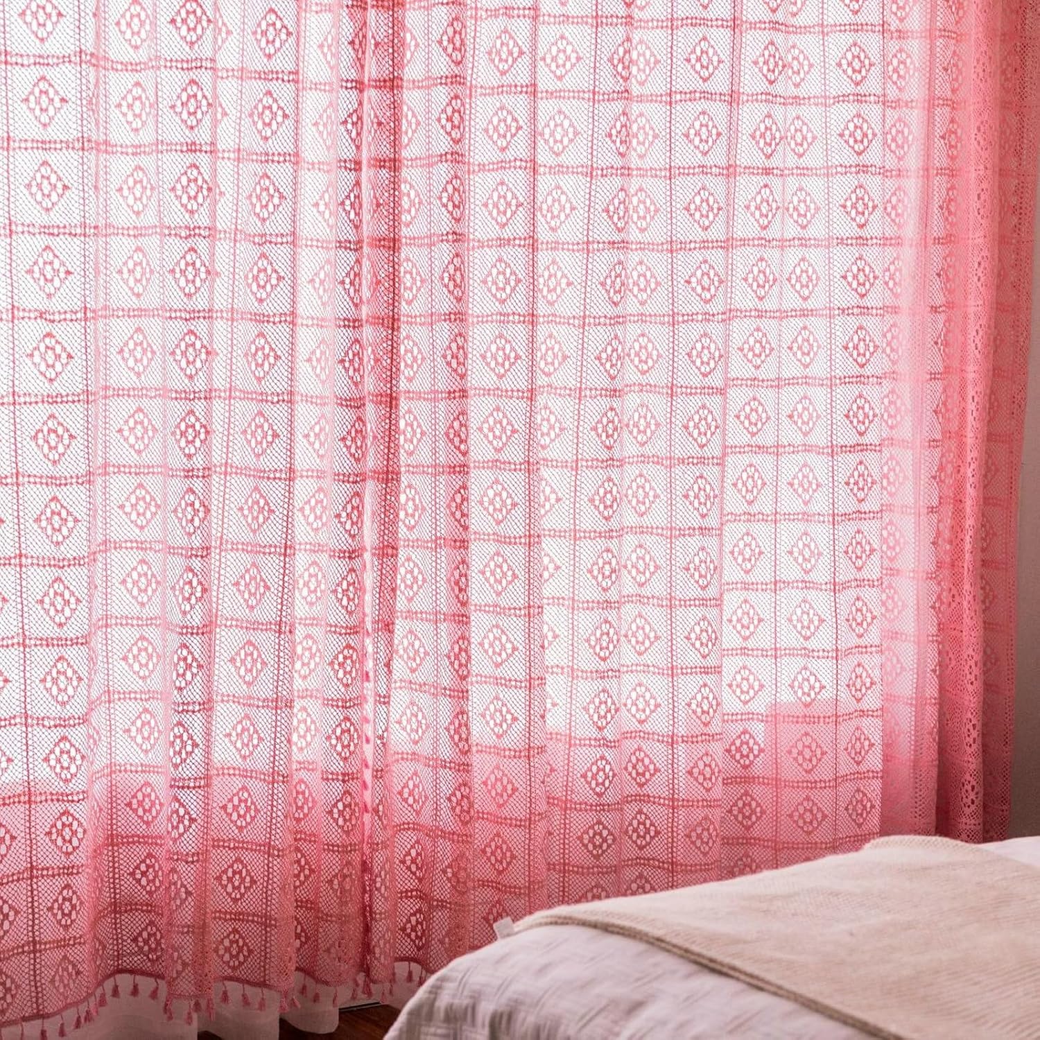 Daesar Voile Curtains 2 Panels Set, Cotton Hook/Rod Pocket Sheer Curtains 59" W x 87" H Drapes Solid Color Hollow Rhombus Check Striped Pink Transparent Curtains for Bedroom Living Room