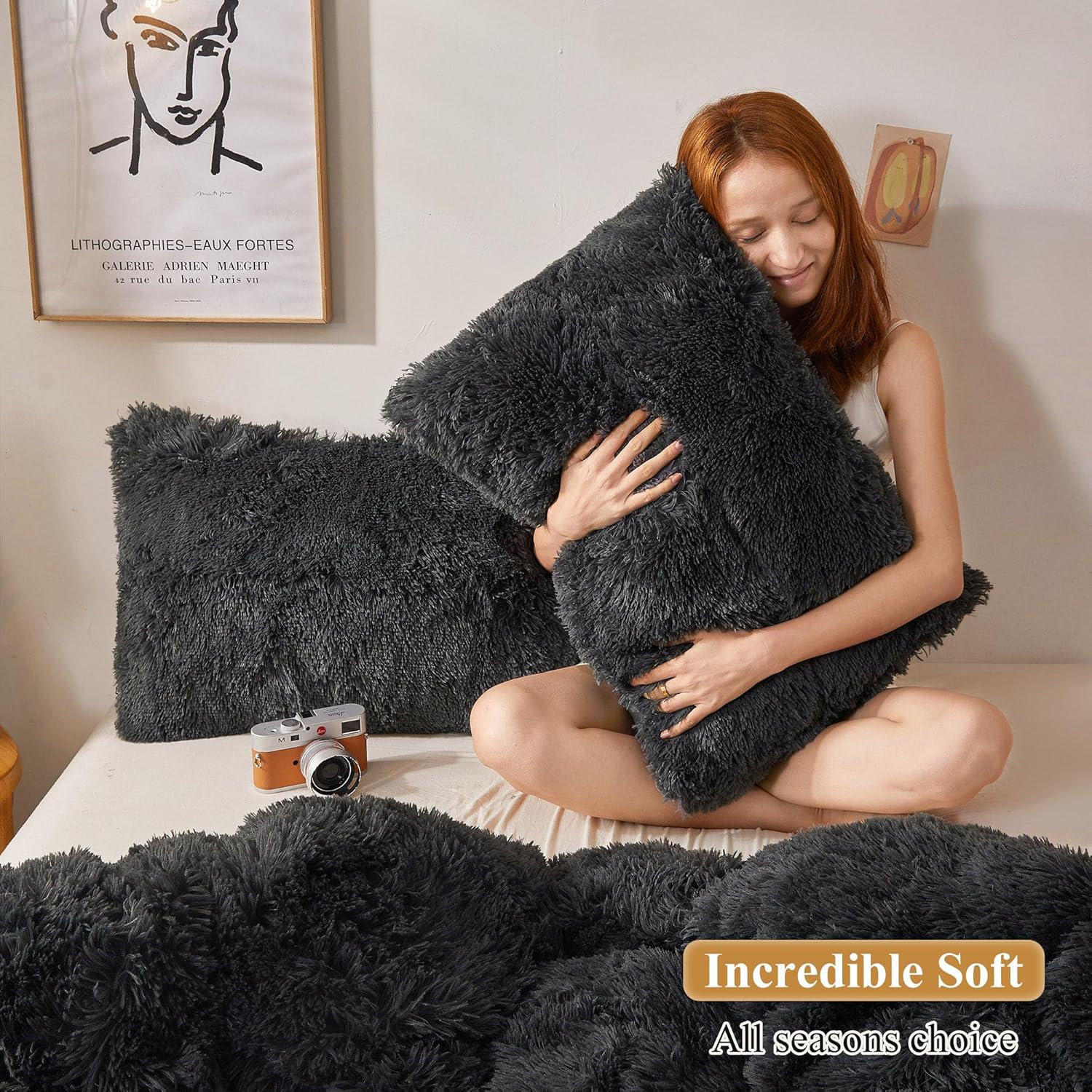 XeGe Faux Fur Throw Pillow Cases, Plush Shaggy Ultra Soft Pillow Covers, Fluffy Crystal Velvet Decorative Pillowcases, Furry Fuzzy Pillow Shams Zipper Closure, Set of 2(Standard, Dark Gray) - Image 5