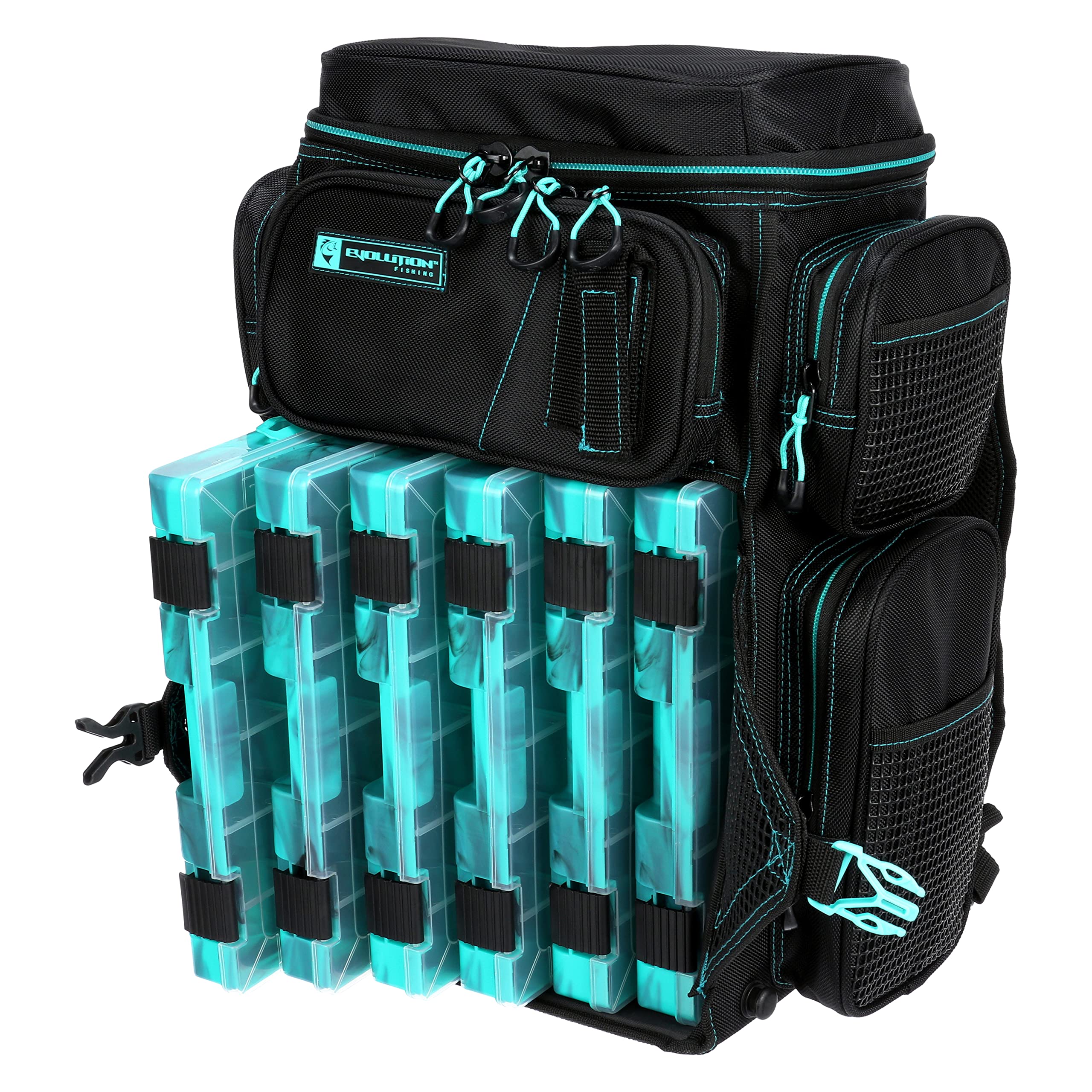 Evolution Fishing Drift Series Tackle Backpack – Seafoam, 3600 Size, Outdoor Rucksack w/ 6 Fishing Tackle Trays, Built In Rain Fly, Heavy Duty Fishing Backpack, Tackle Carrying Case