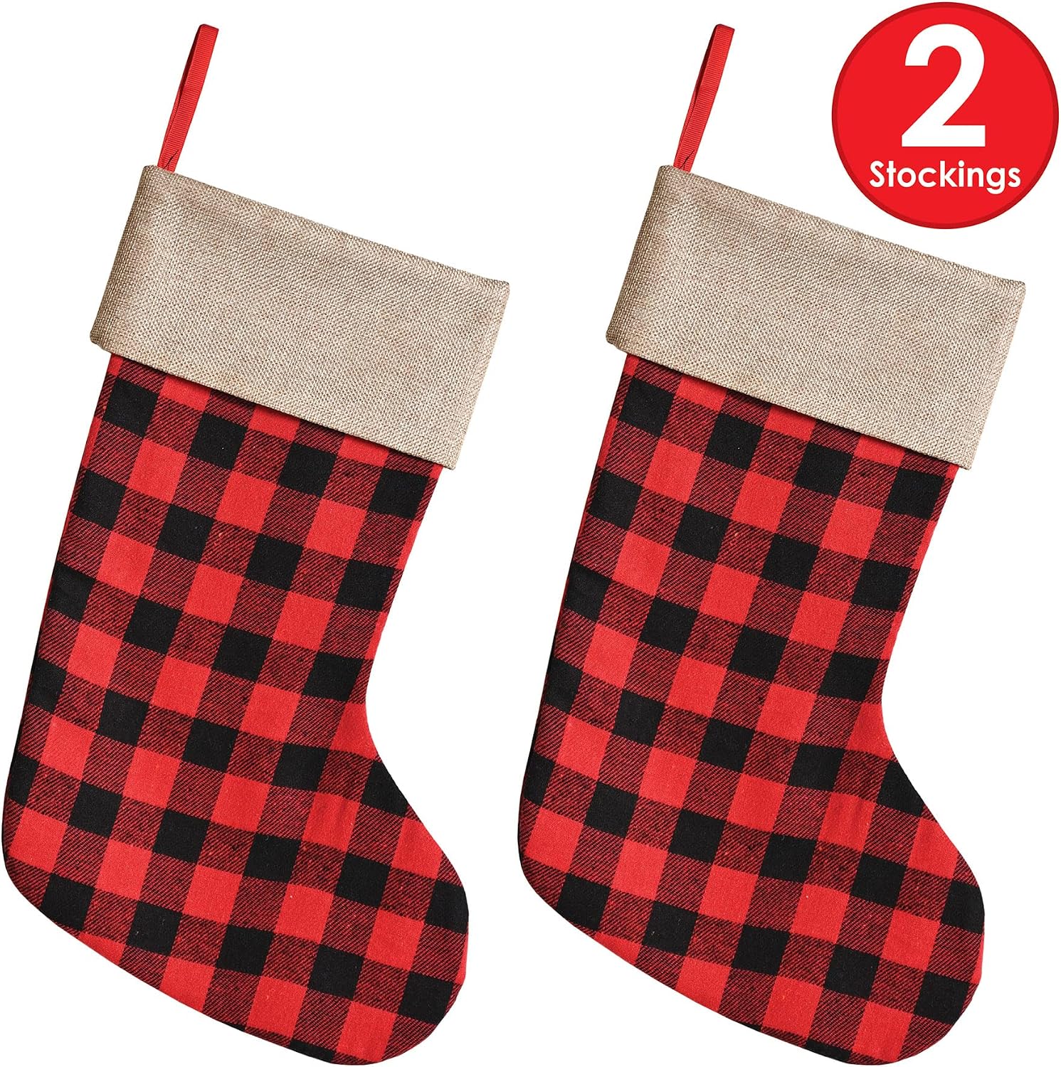 Beistle 2 Piece Red & Black Buffalo Plaid Christmas Stockings With Faux Burlap Trim Happy Holidays Fireplace Hanging Decorations (Pack of 2)