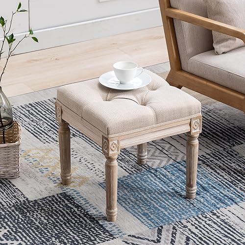 Miniatura 22 de Banco de entrada tapizado de tela, banco de piano copetudo para 2 personas, patas de madera de goma con hermoso patrón tallado para dormitorio, sala