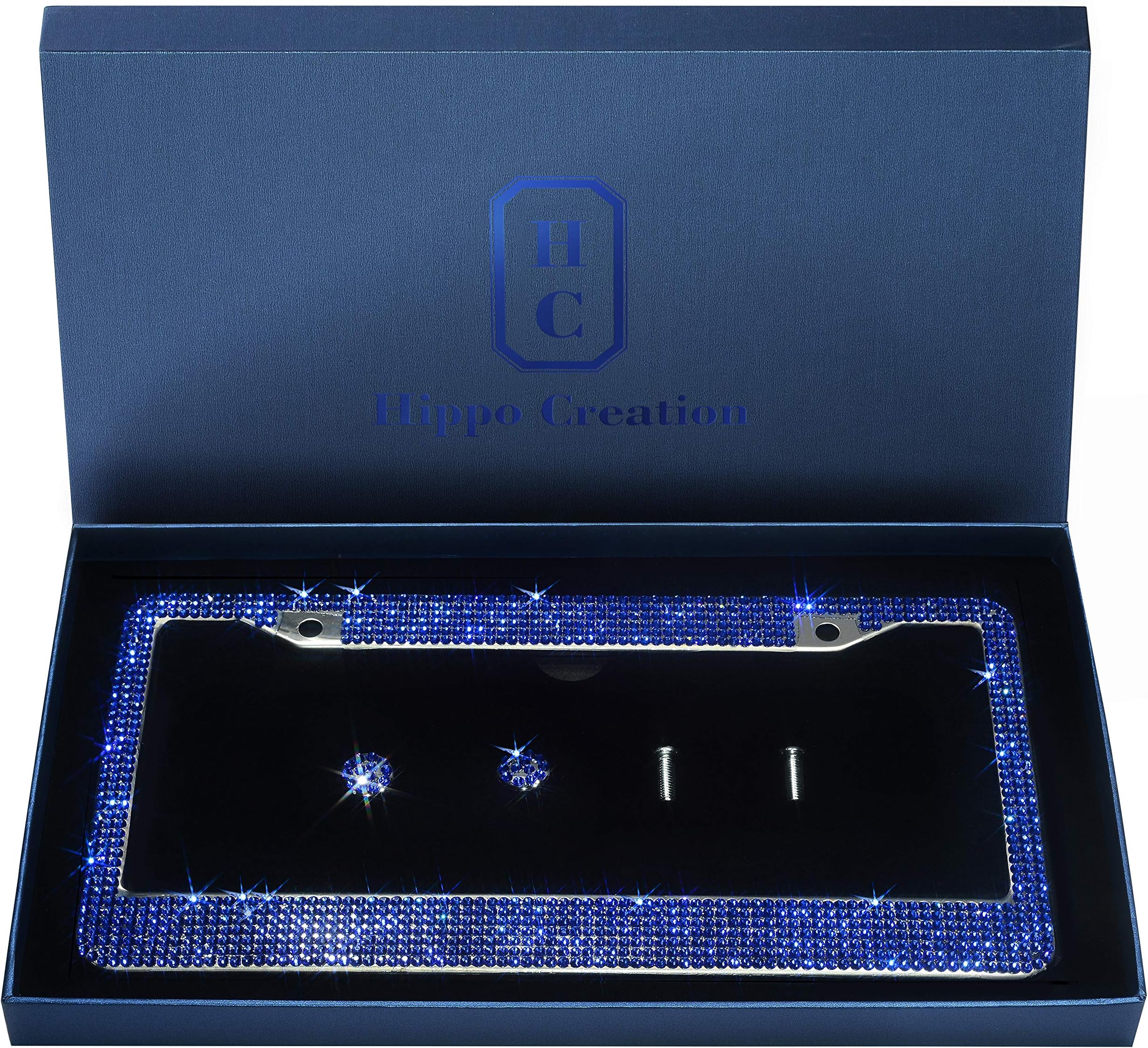 1 Pack Luxury Handcrafted Bling Blue Rhinestone Stainless Steel License Plate Frame with Gift Box | 1000+ pcs Finest 14 Facets SS20 Blue Rhinestone Crystal | Anti-Theft Screw Cap