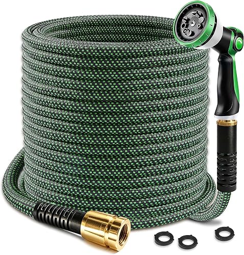 Garden Hose Water Hose 50ft Lightweight Flexible, Kink-Free Outdoor 3/4" Rustproof Metal Fittings, 10-Pattern 360° Rotating Spray Nozzle for Yard Lawn Car Wash