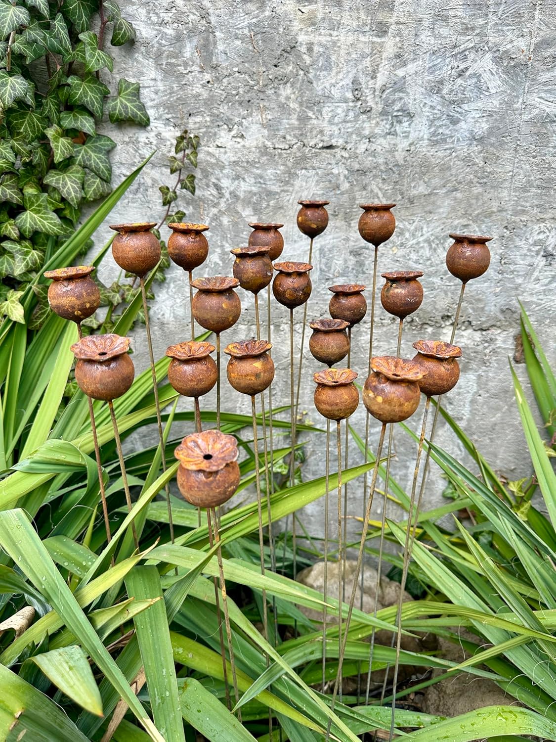 Rusty flowers set of 20, Poppy seeds head garden decor, Metal garden decor, metal yard art, outdoor metal decor, Rusty metal garden decor