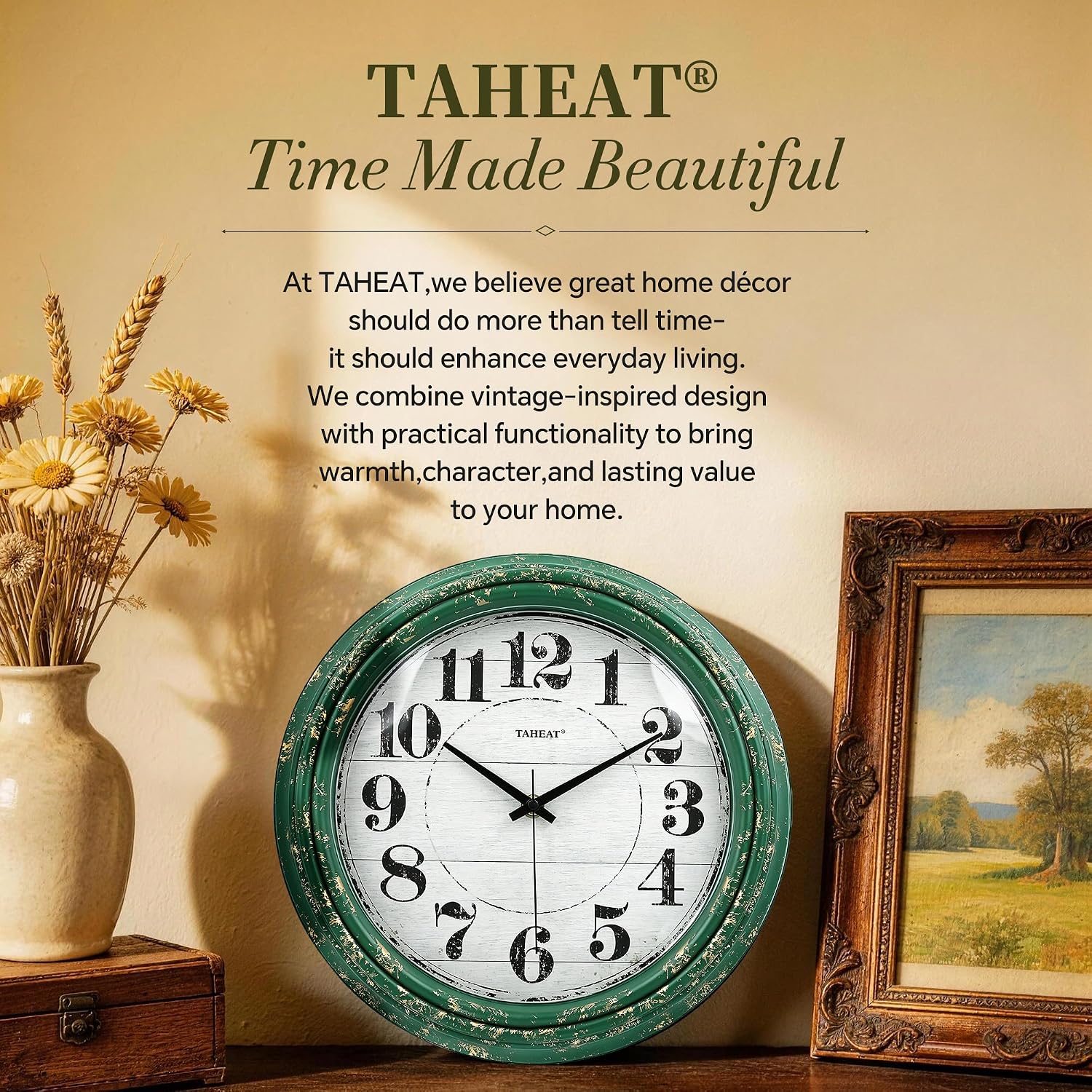 TAHEAT 10 Inch Vintage Farmhouse Wall Clock, Silent Non Ticking Quartz Clock with HD Glass, Rustic Decorative Round Clock for Living Room, Bedroom, Kitchen, Green & Gold