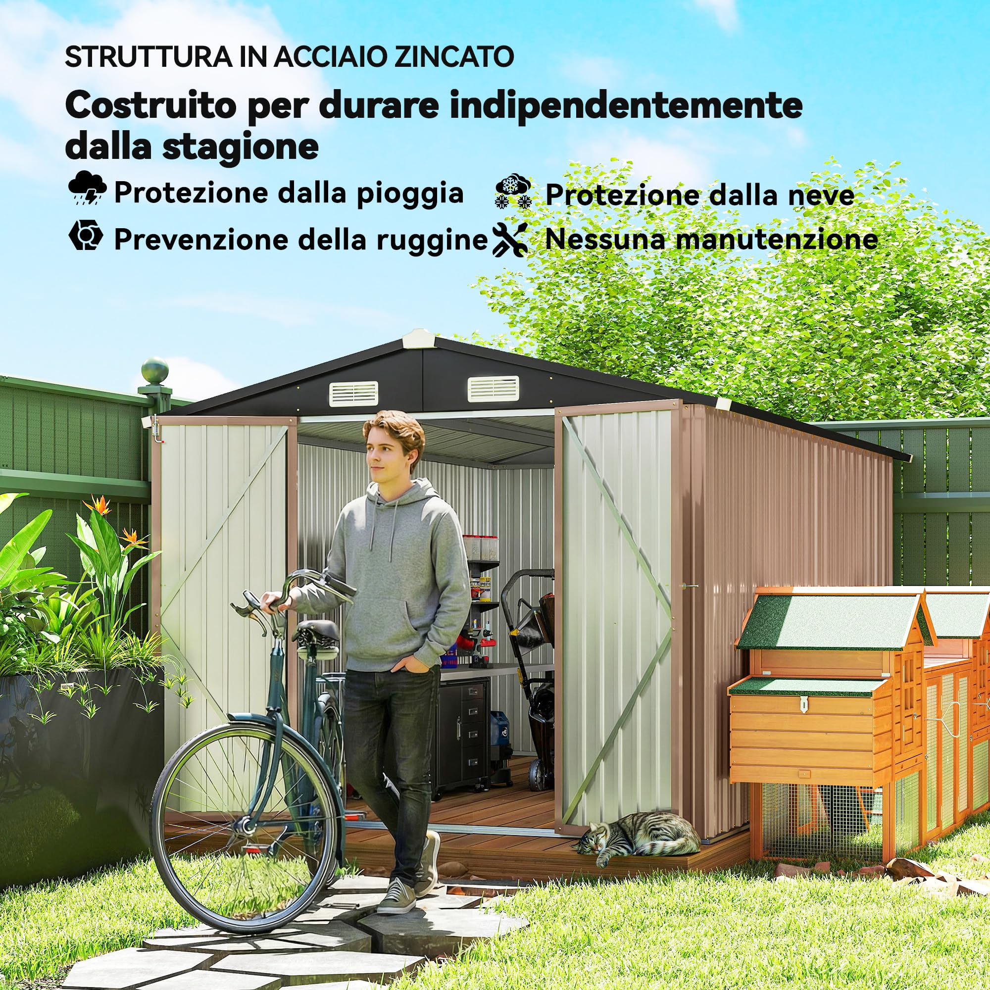 Outsunny Casetta da Giardino 8.1m² Acciaio Zincato con Prese d'Aria Doppia Porta Bloccabile Tetto Inclinato 238x364x194 cm Marrone