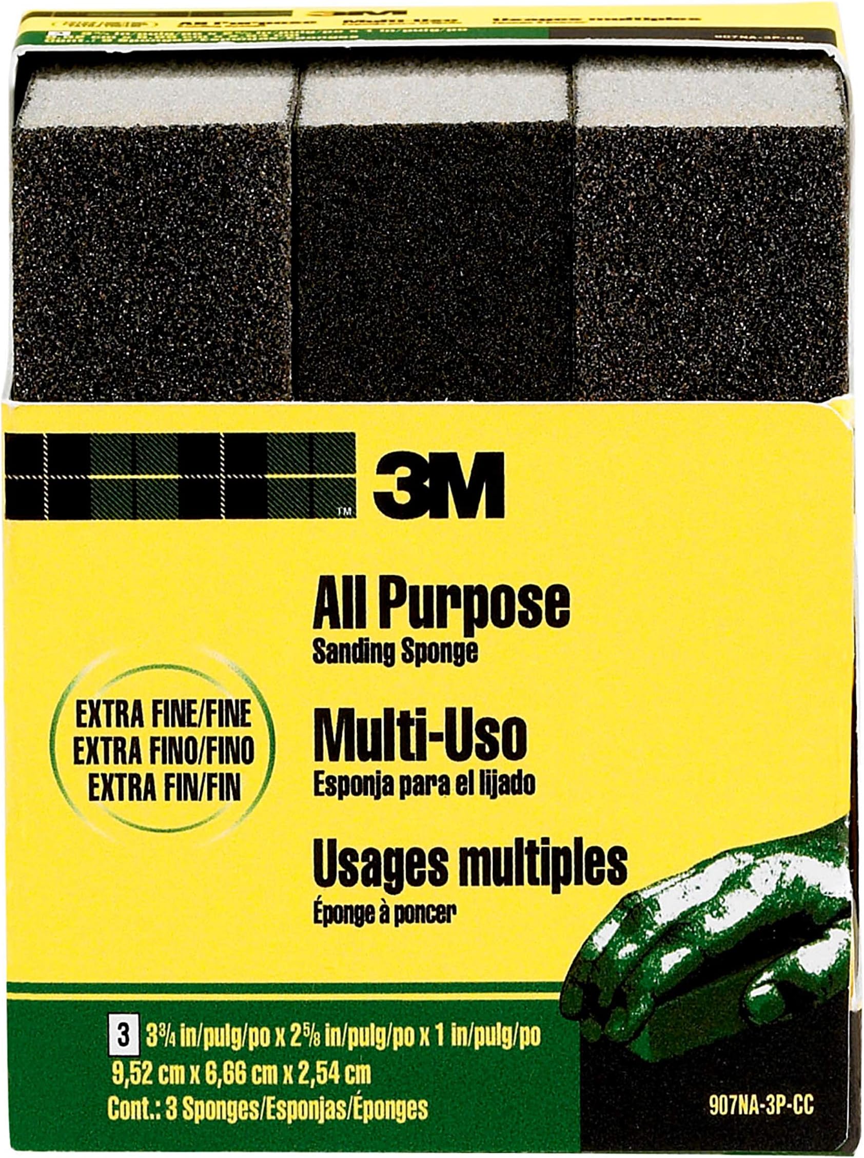 Sanding Sponge, Extra Fine, 3.75-Inch by 2.625-Inch by 1-Inch, 3-Pack