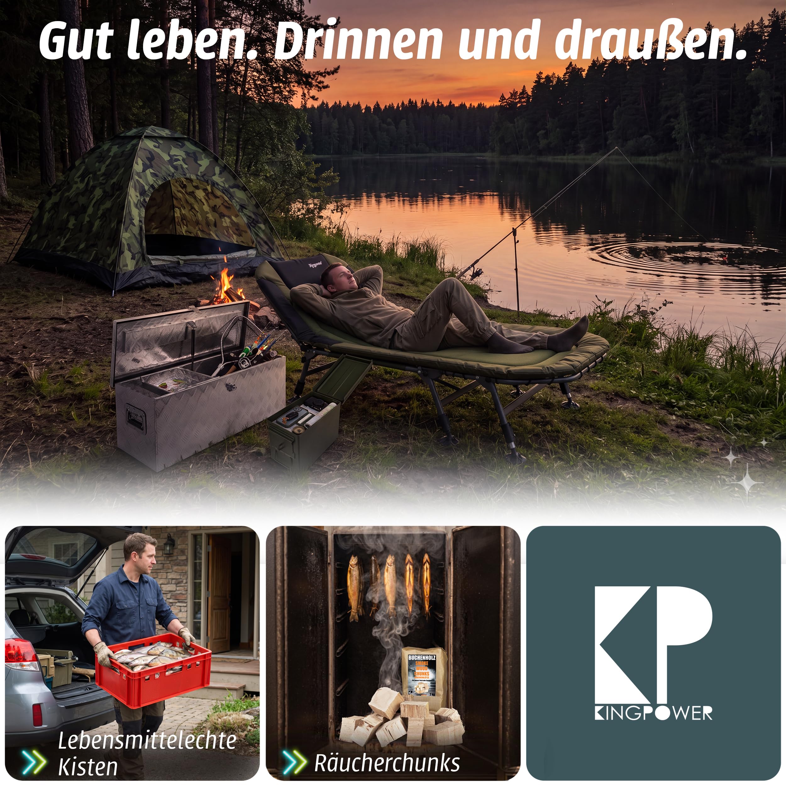 Kingpower Karpfenliege 8 Bein Angelliege Campingliege Bedchair Feldbett | Grün, stabil, bequem, Angeln, Fischen