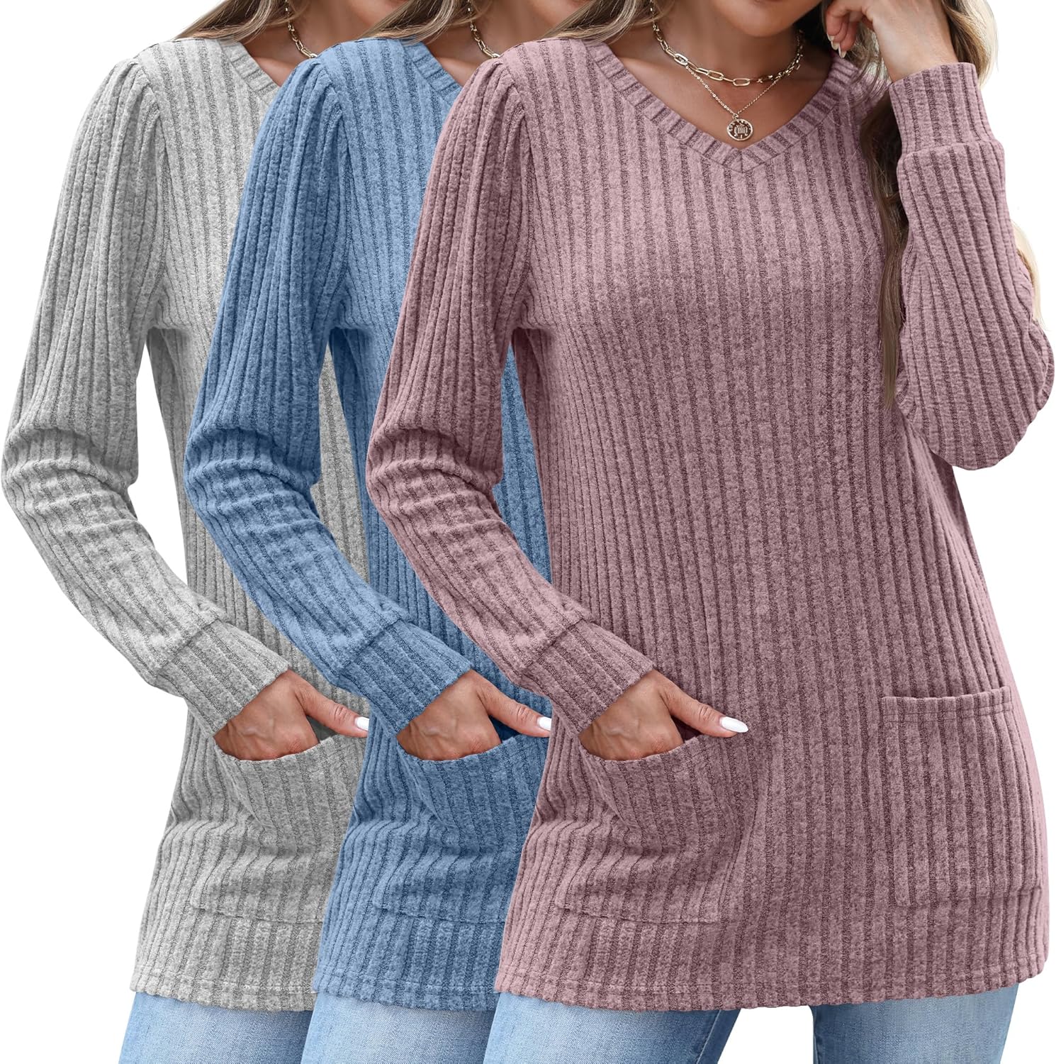 Oakgarden 3 Pack Women's Long Sweaters to Wear with Leggings Long Sleeve V Neck Tunic Sweaters with Pockets 2026 Casual Tops