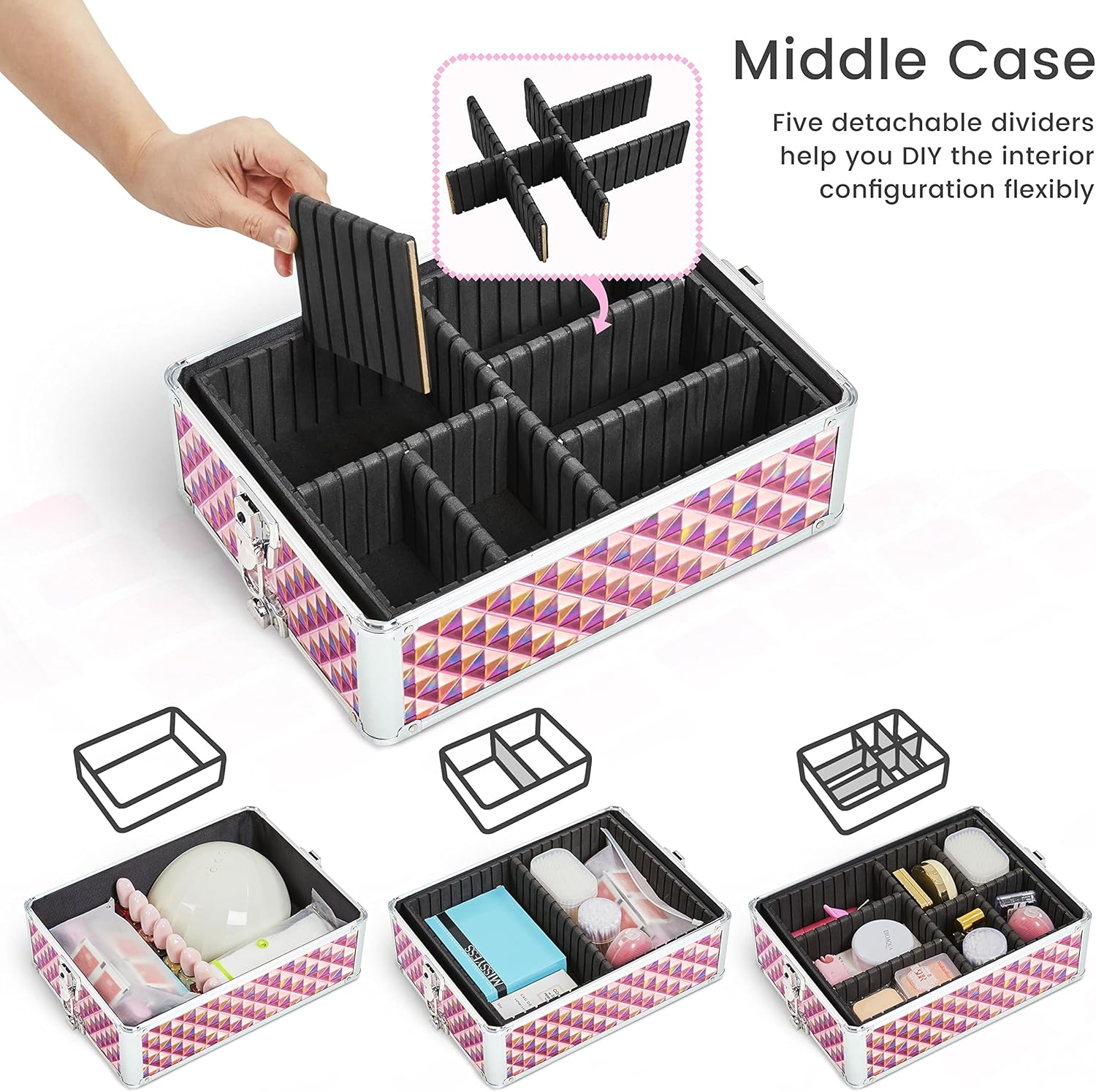 Yaheetech 4-in-1 Cosmetic Case, Trolley Vanity Case, Large Makeup Case, Lockable Multi-Case, Hairdressing Case, Beauty Case with Wheels and Drawer, Pink