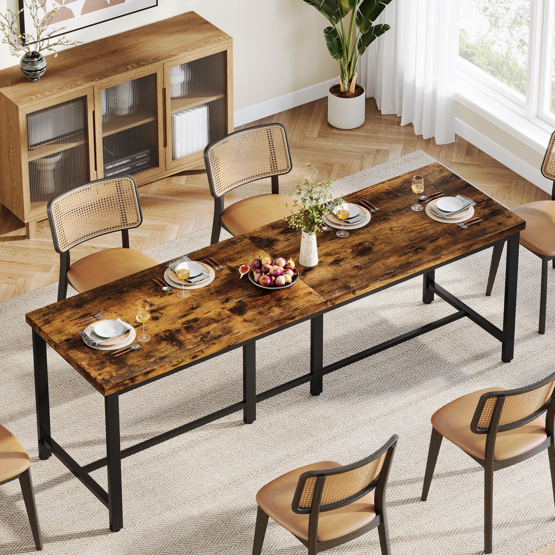 Tribesigns Mesa de comedor de 200 cm de largo para 6-8 personas, gran mesa de cocina rectangular industrial de madera, mesa de comedor rústica con patas de metal resistentes (marrón rústico)