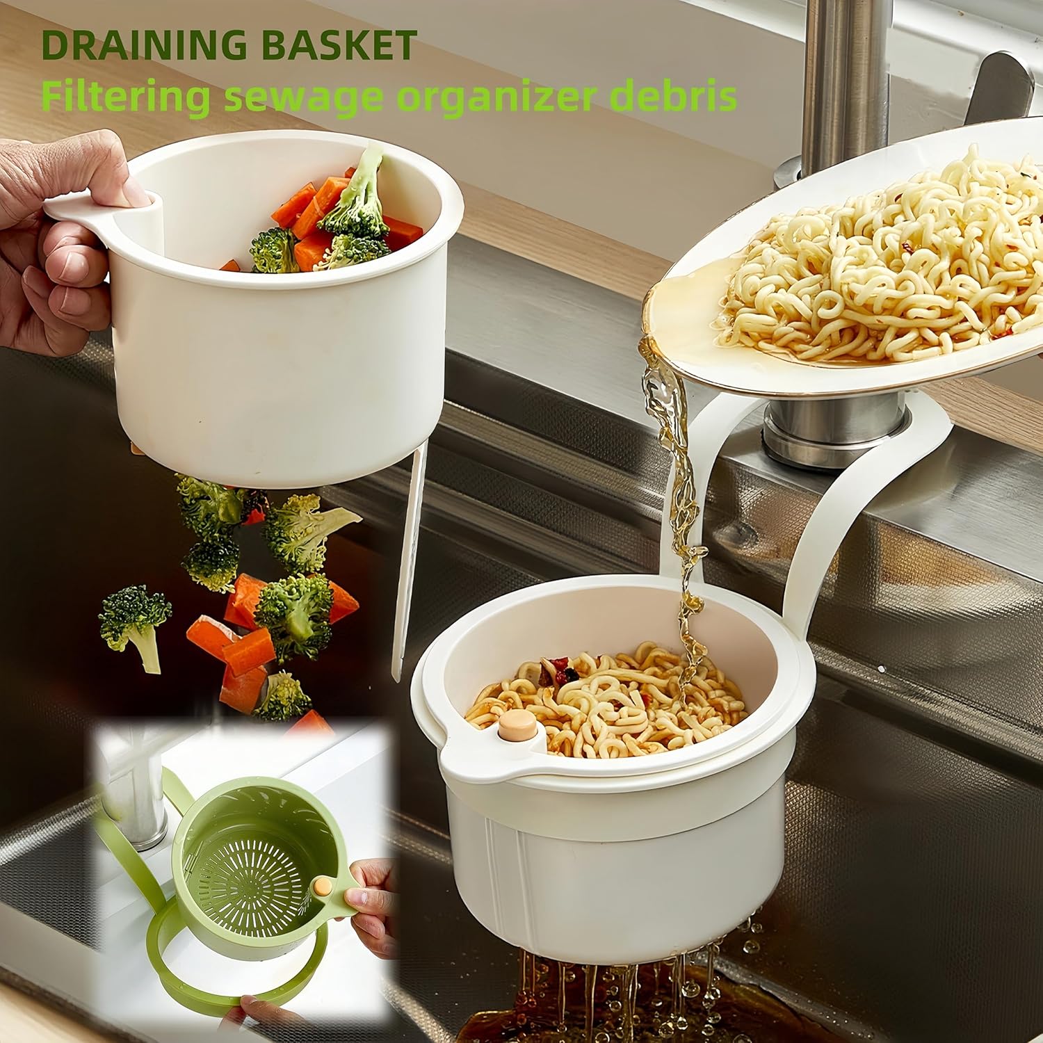 ハンギングキッチンシンクストレーナーバスケット - 吊り下げ可能な排水口、プレスダンプ&amp;セルフクリーニング、コーナーフードキ