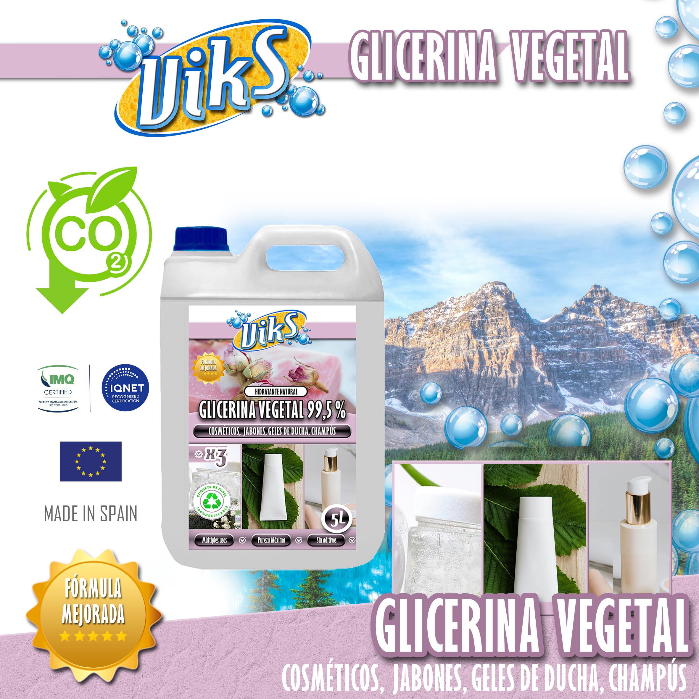 Viks | GLICERINA VEGETAL 99,5% PURO 5L | Para uso cosmético: jabones, geles, champús, cremas | Glicerol incoloro y soluble en agua y alcohol | 5 Litros