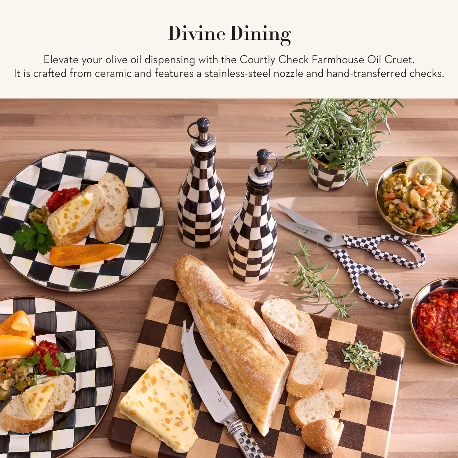 MACKENZIE-CHILDS Farmhouse Oil Cruet, Ceramic Oil-Dispenser Bottle, Black-and-White Courtly Check