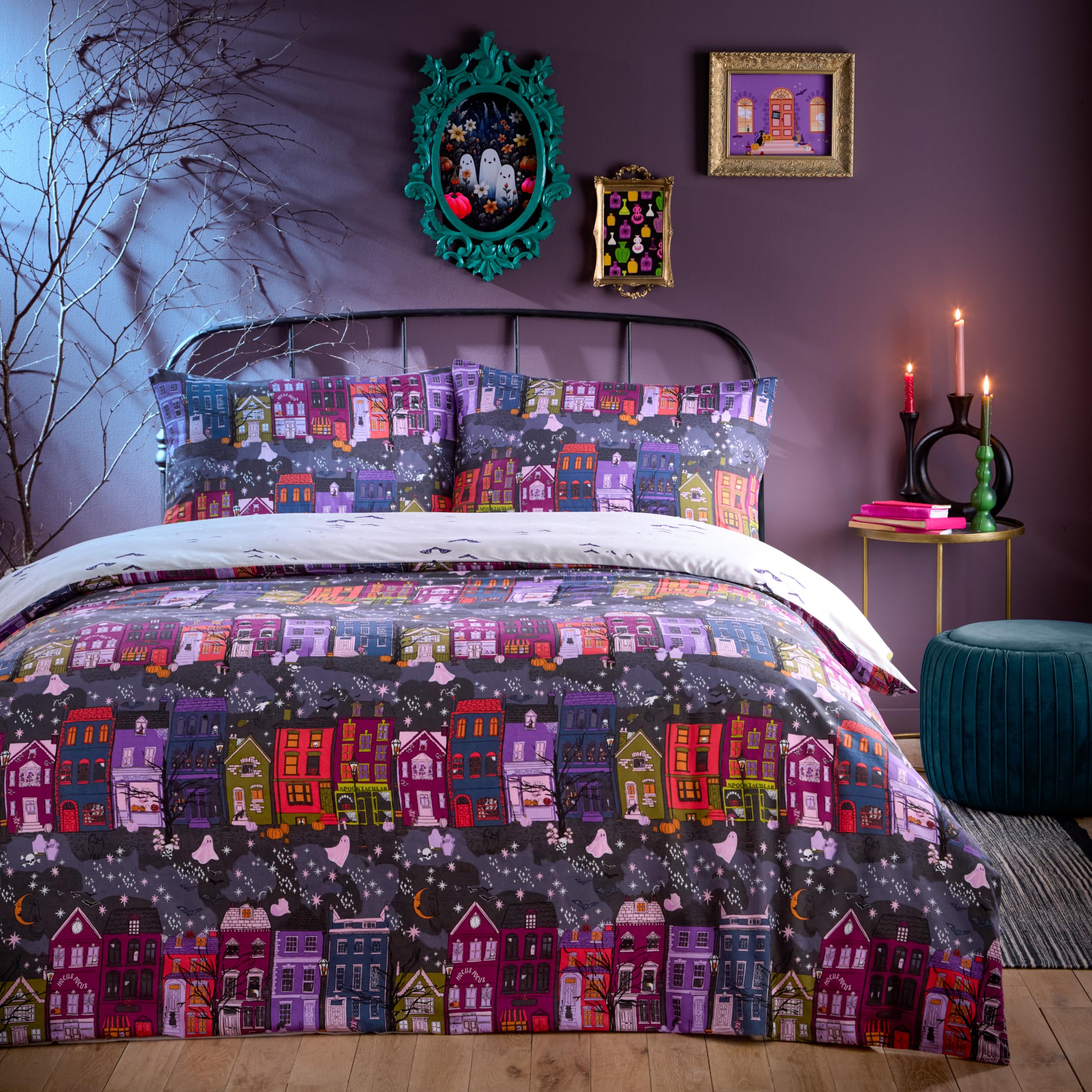 furn. Creepy Town Reversible Duvet Cover Set - Halloween Bedding (Charcoal - King U.K. Standard), King (U.K. Standard) - Image 4