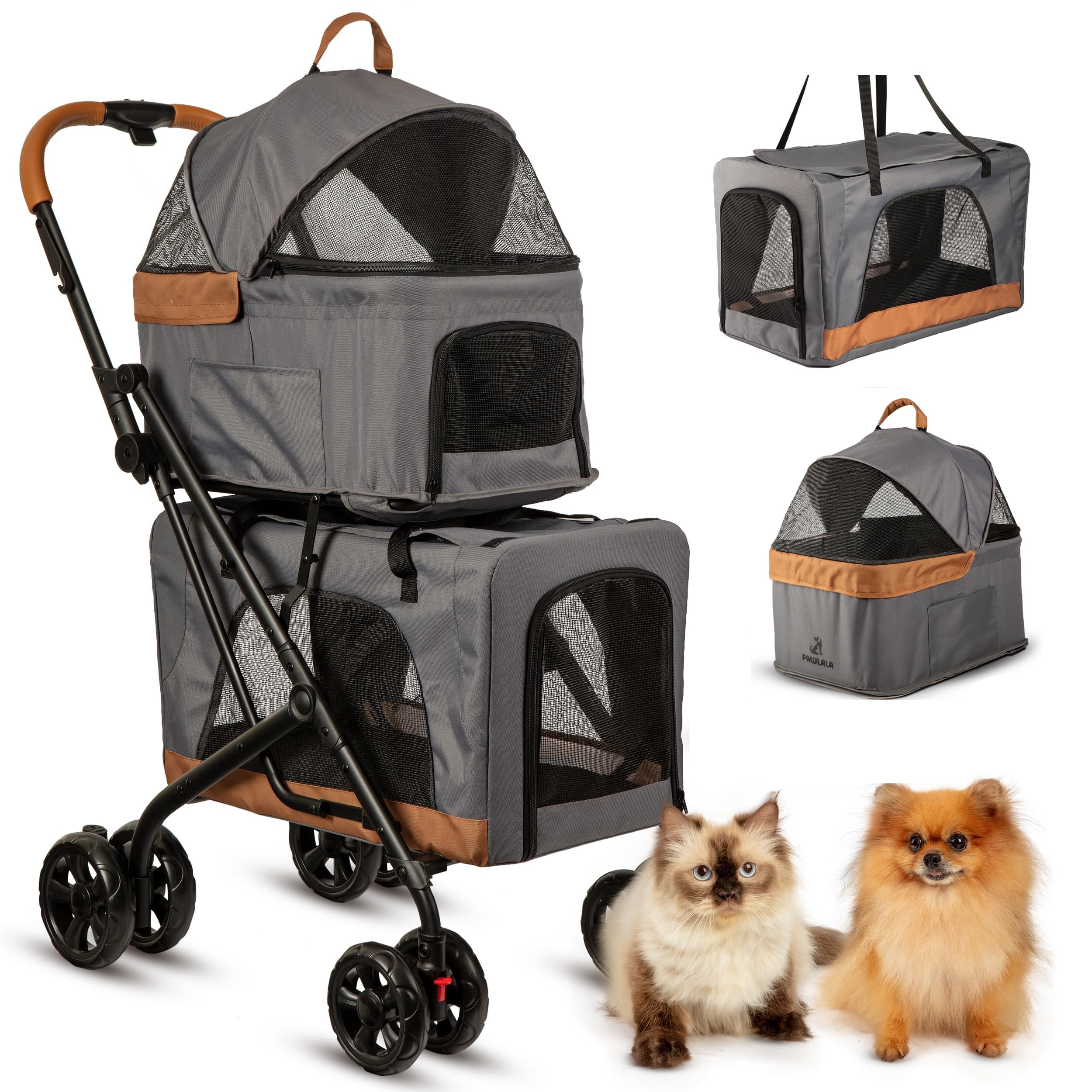 PAWLALADouble Pet Stroller with Detachable Carrier - Ideal for 2 Dogs or Cats - Compact & Convenient Design - Easy Assembly Double Dog Stroller - Graphite Gray