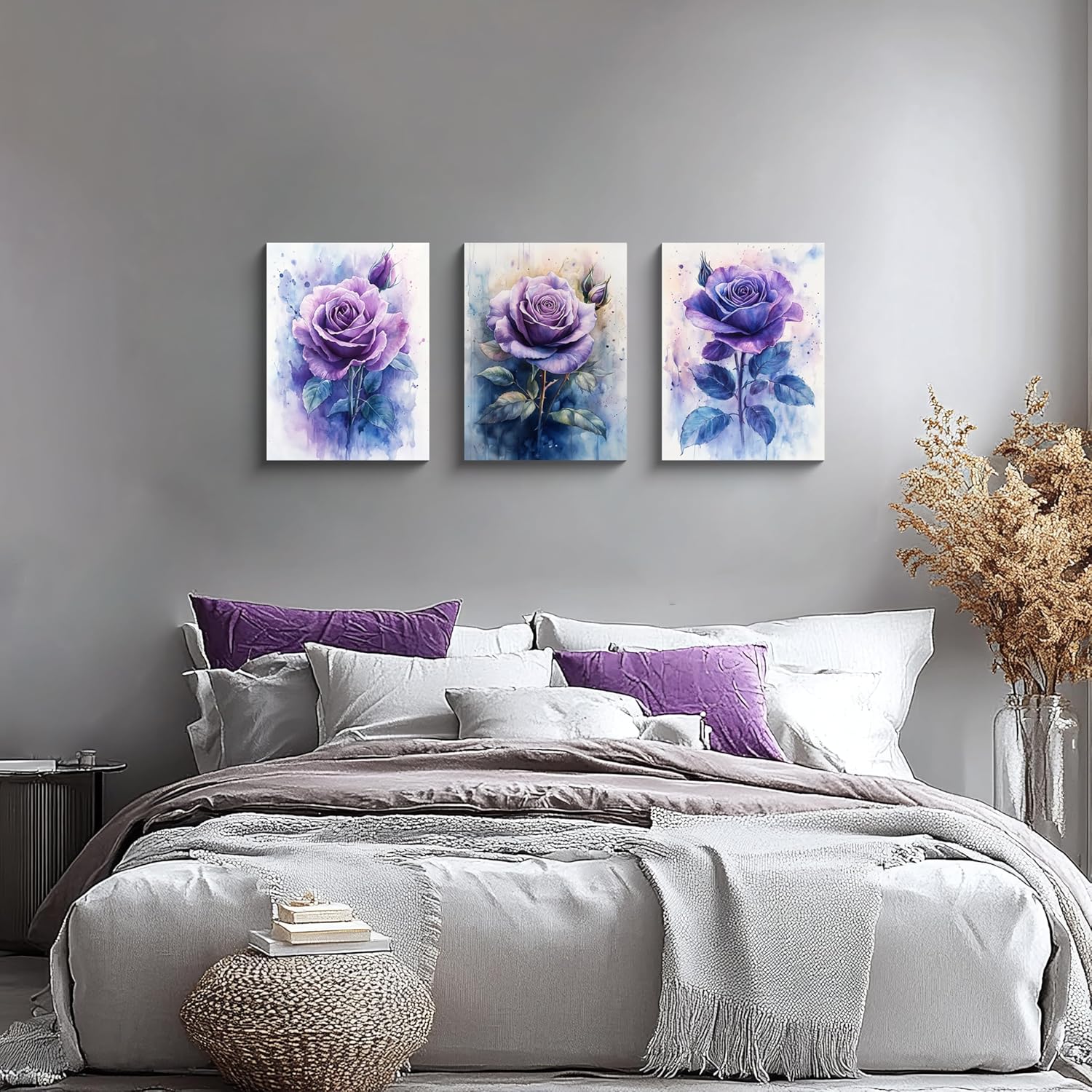 NAN Wind 3PCS Purple Rose Watercolor Canvas Wall Art Floral Botanical Violet Flower Bloom Romantic Modern Home Decor for Bedroom Living Room Bathroom or Office Artistic Garden Style Wall Decoration