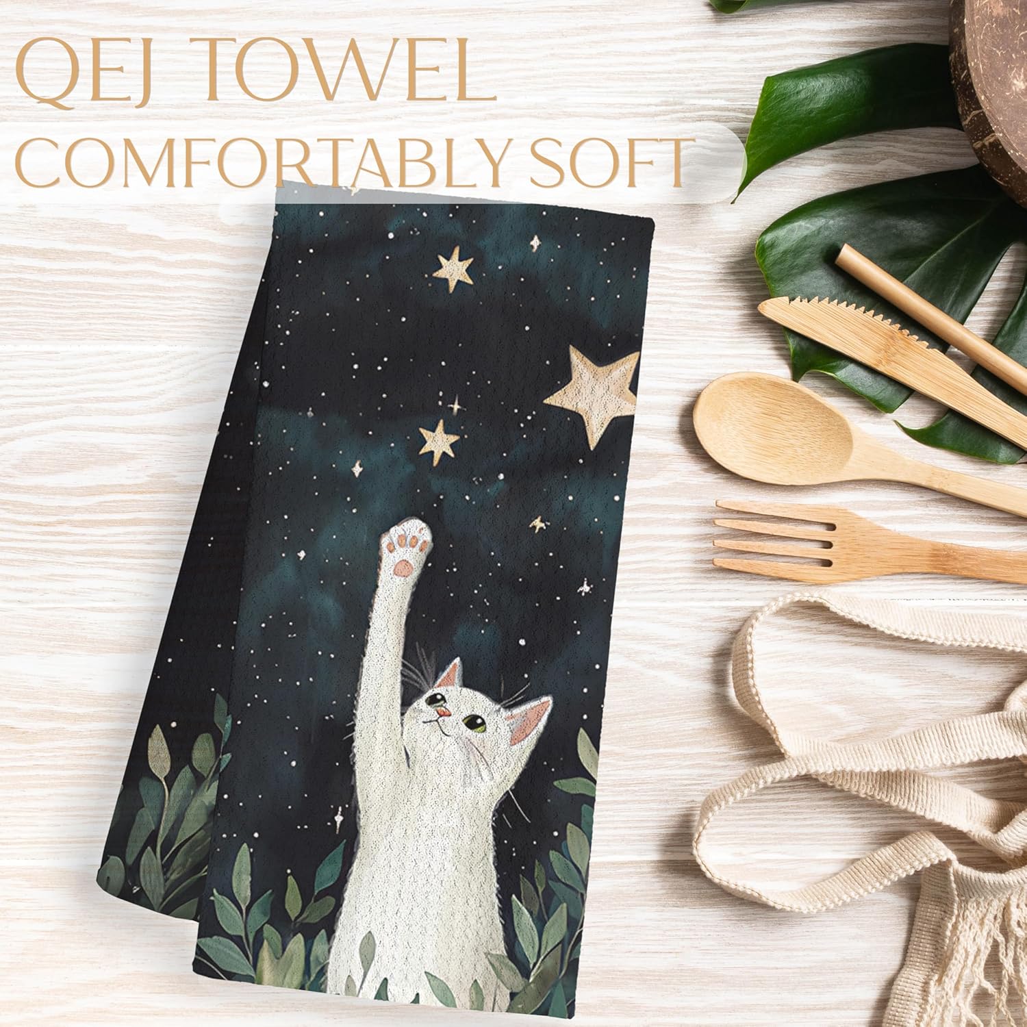 Starry Night White Cat Kitchen Dish Towels, Cat Lover Mom Lady Gifts, Dark Botanical Kitten Kitty Decorative Hand Tea Towels for Bathroom Kitchen, 16x24 Inch - Image 5