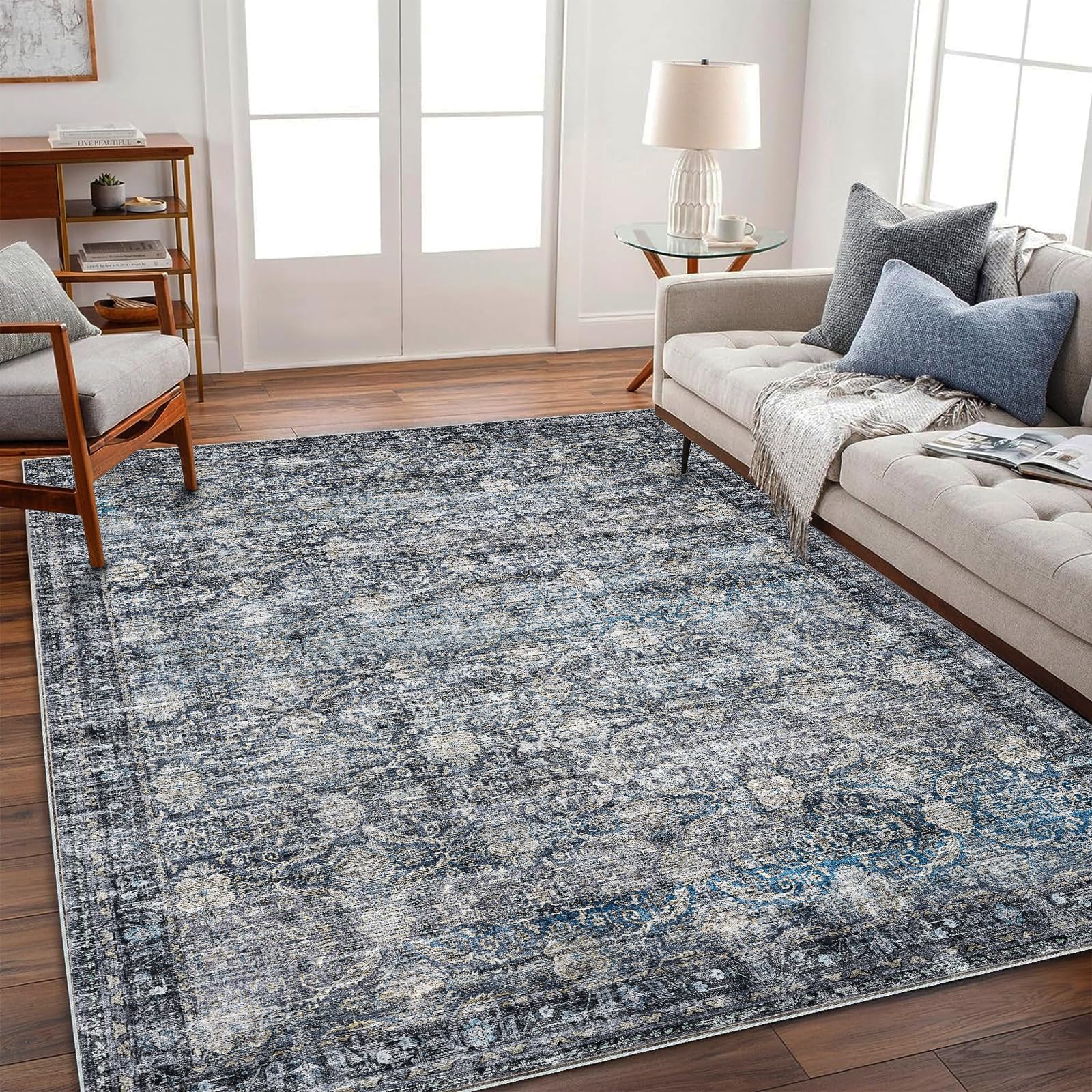 champlant area rug 5'x7' washable rug vintage traditional floor cover thin retro kitchen indoor distressed non slip carpet for living room bedroom dining room