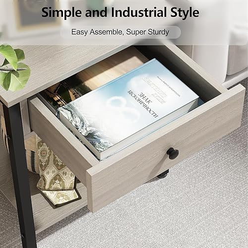 Miniatura 9 de Ecoprsio Juego de 2 mesitas de noche modernas con cajón y estante de almacenamiento, mesita de noche de madera para dormitorio, sala de estar, sofá,