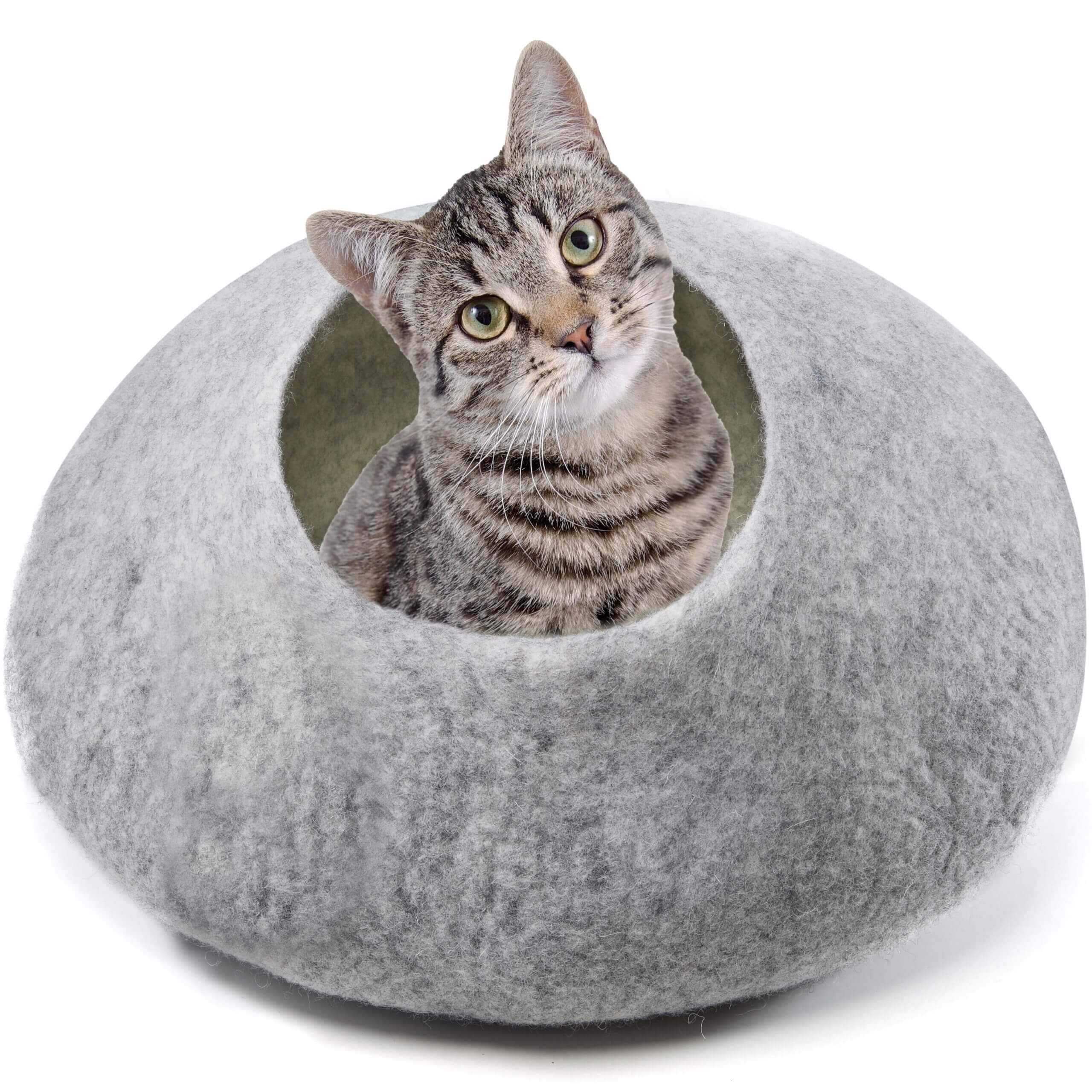 aumondo Filz Katzenhöhle, Katzenbett, Kuschelhöhle für Katzen. Liebevoll handgefertigt für Deine Katze. Katzenhaus aus 100% natürlicher Schafwolle, grau