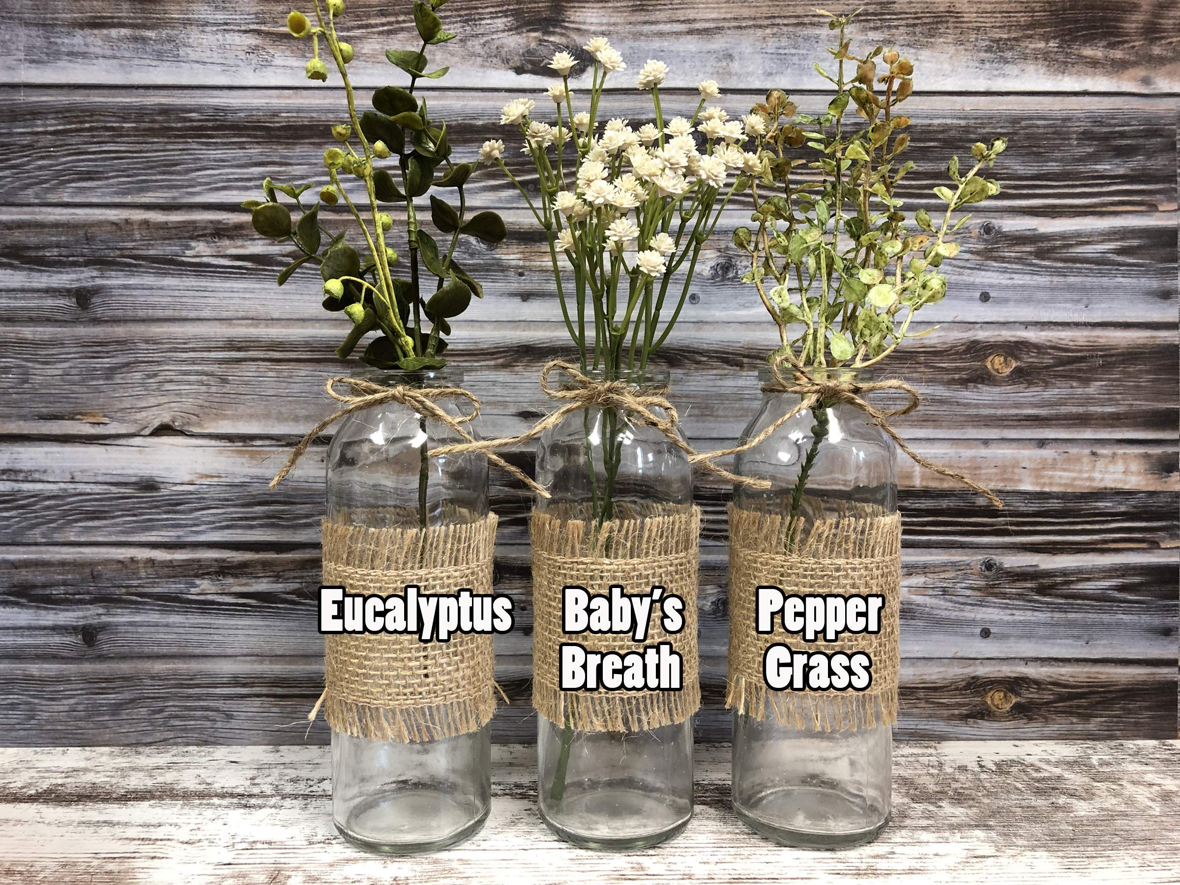 Glass Bottle Jar with Flowers/Greenery *Burlap & Jute Bow *Farmhouse Decor Distressed Rustic Country Decor *Eucalyptus, Baby's Breath, or Pepper Grass