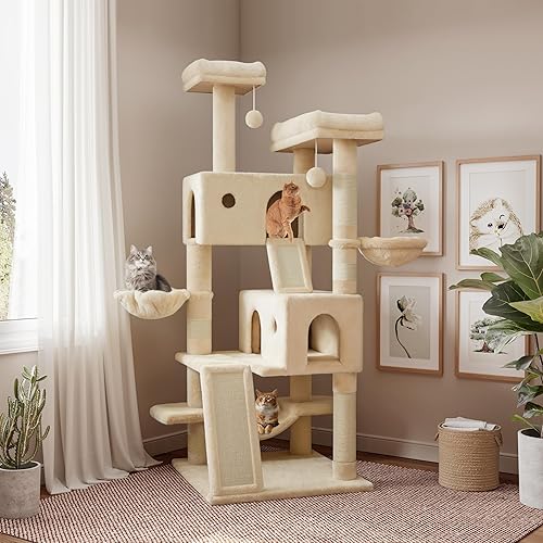 SHA CERLIN 65in Larger Cat Tree Tower Condo for Indoor Kitties/Multi-Level Furniture Activity Center with Wide Base/Cozy Plush Cat Perches/Baskets/Sisal Scratching Posts and Hammock/Beige - Beige