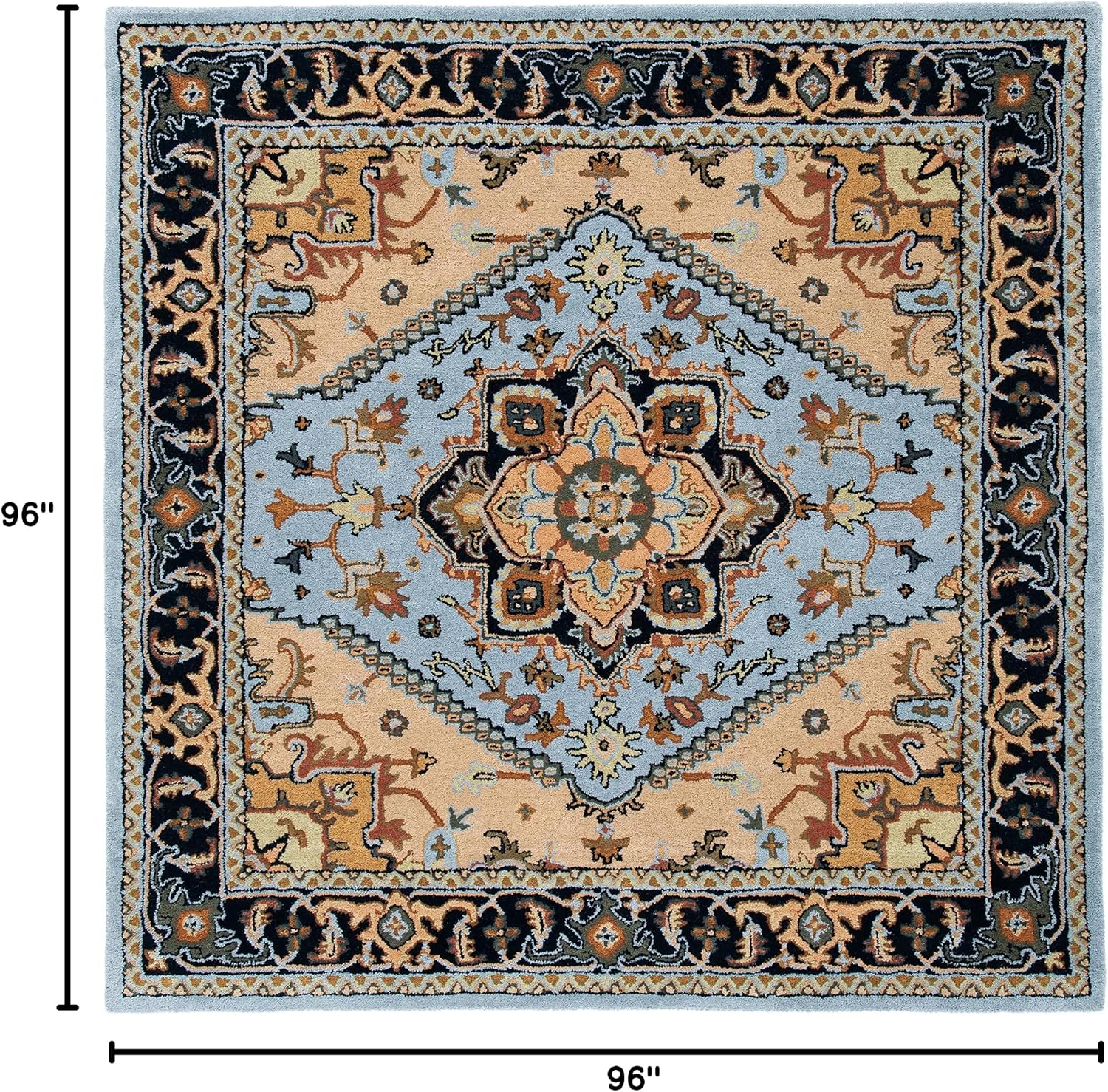 SAFAVIEH Heritage Collection Area Rug - 8' Square, Blue & Light Brown, Handmade Wool, Traditional Oriental Medallion Design, Ideal for Living Room, Bedroom, Dining Space (HG625M)