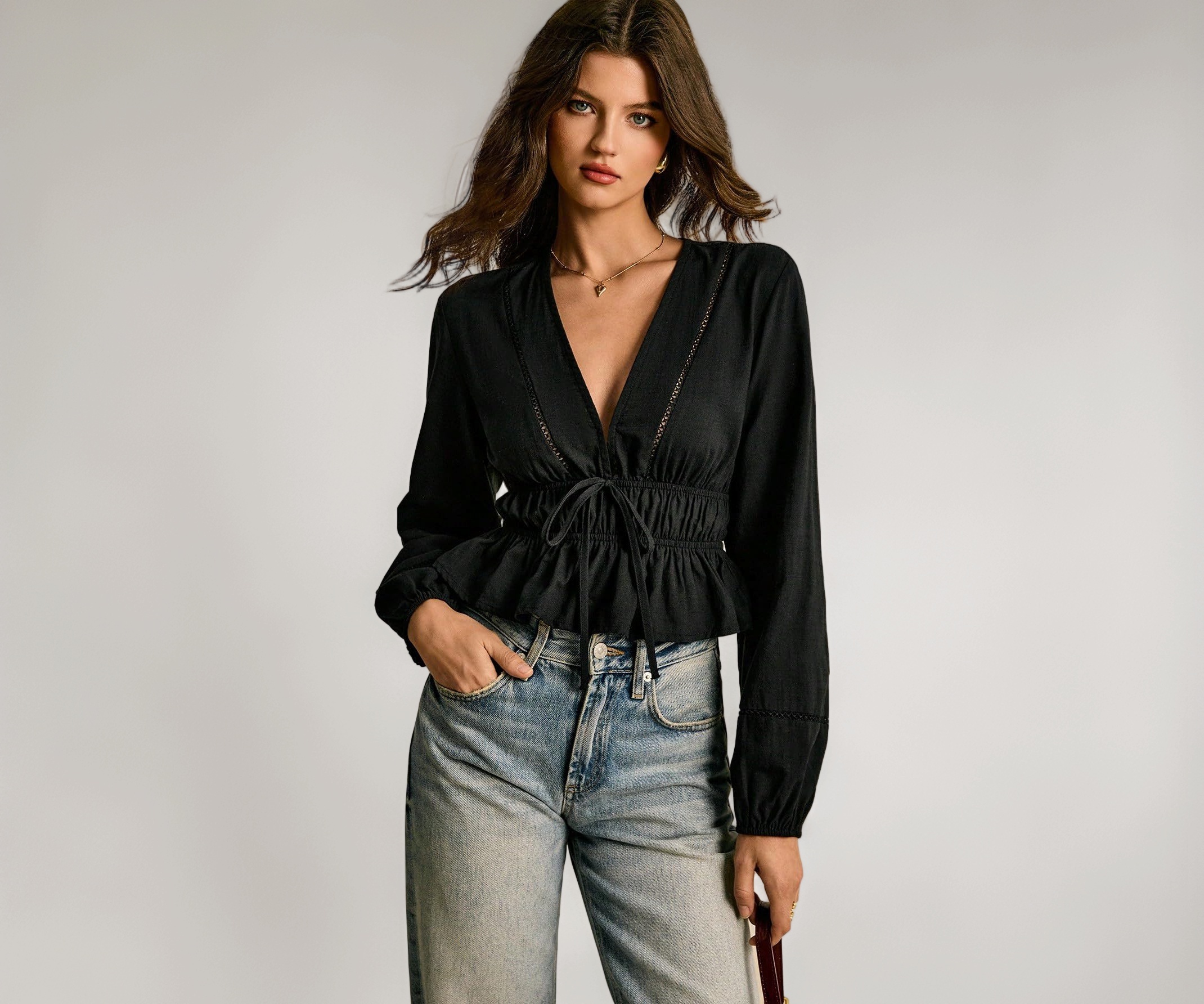 Shasmi Women's Black Solid Deep V Neck Cotton Long Bishop Sleeve