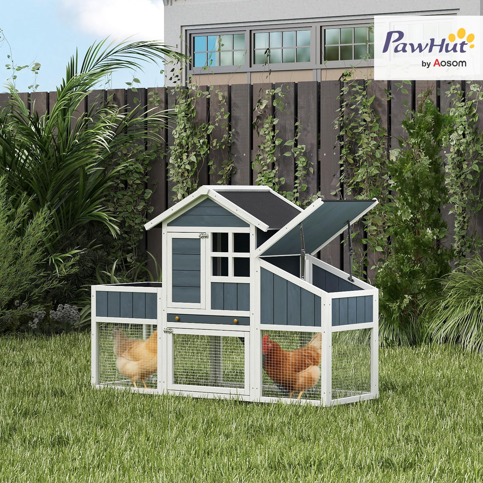 PawHut Pollaio Prefabbricato in Legno con Area Aperta, Pollaio per Galline da Esterno, Casetta per Galline e Nido per la Cova, Aiuola e Tetto in Asfalto, Grigio