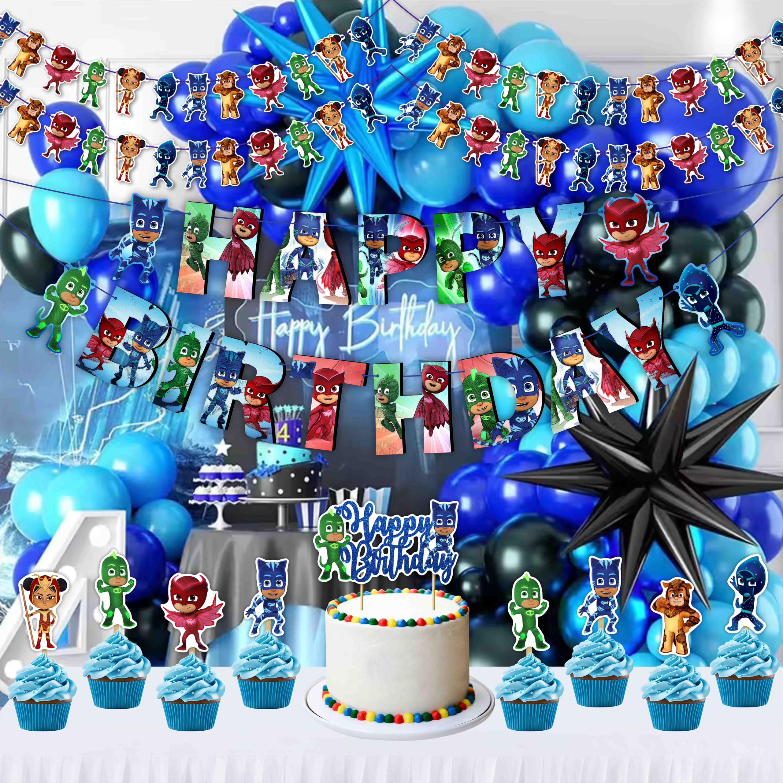 PJ Msk Theme Decoration - Includes Colorful Birthday Banner, Garland, wrappers , cupcake toper, and Complete Party Supplies Kit Perfect for Boys and Girls Celebration with Fun and Vibrant.