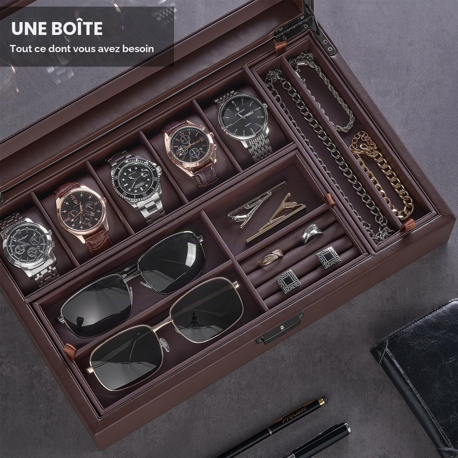 ProCase Boîte à Montres 5 Emplacements, Coffret à Bijoux pour Homme avec Couvercle en Verre Transparent, Rangement Multifonction pour Montres, Lunettes et Accessoires -Marron